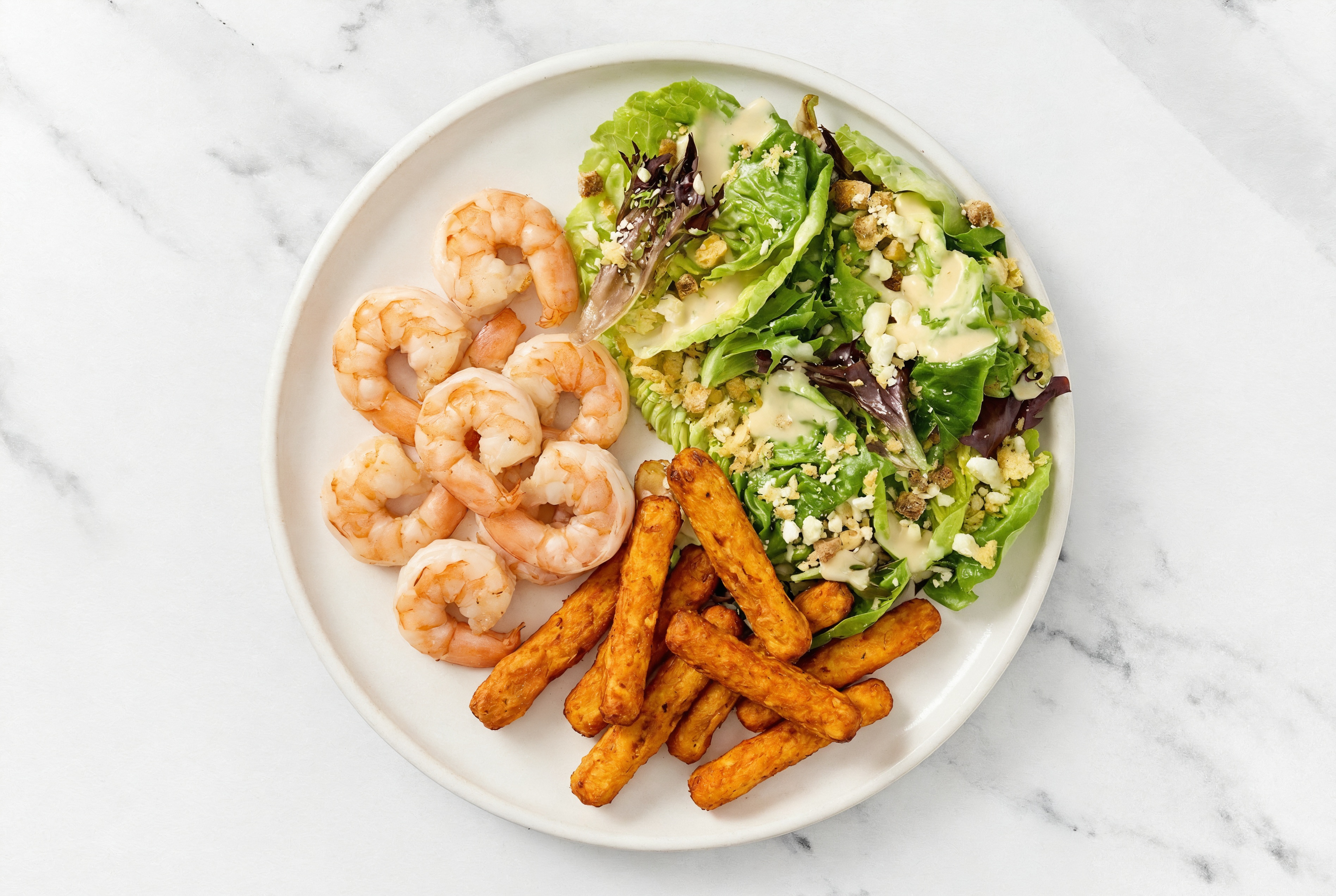 Jumbo Shrimp Little Gem with Sweet Potato Fries