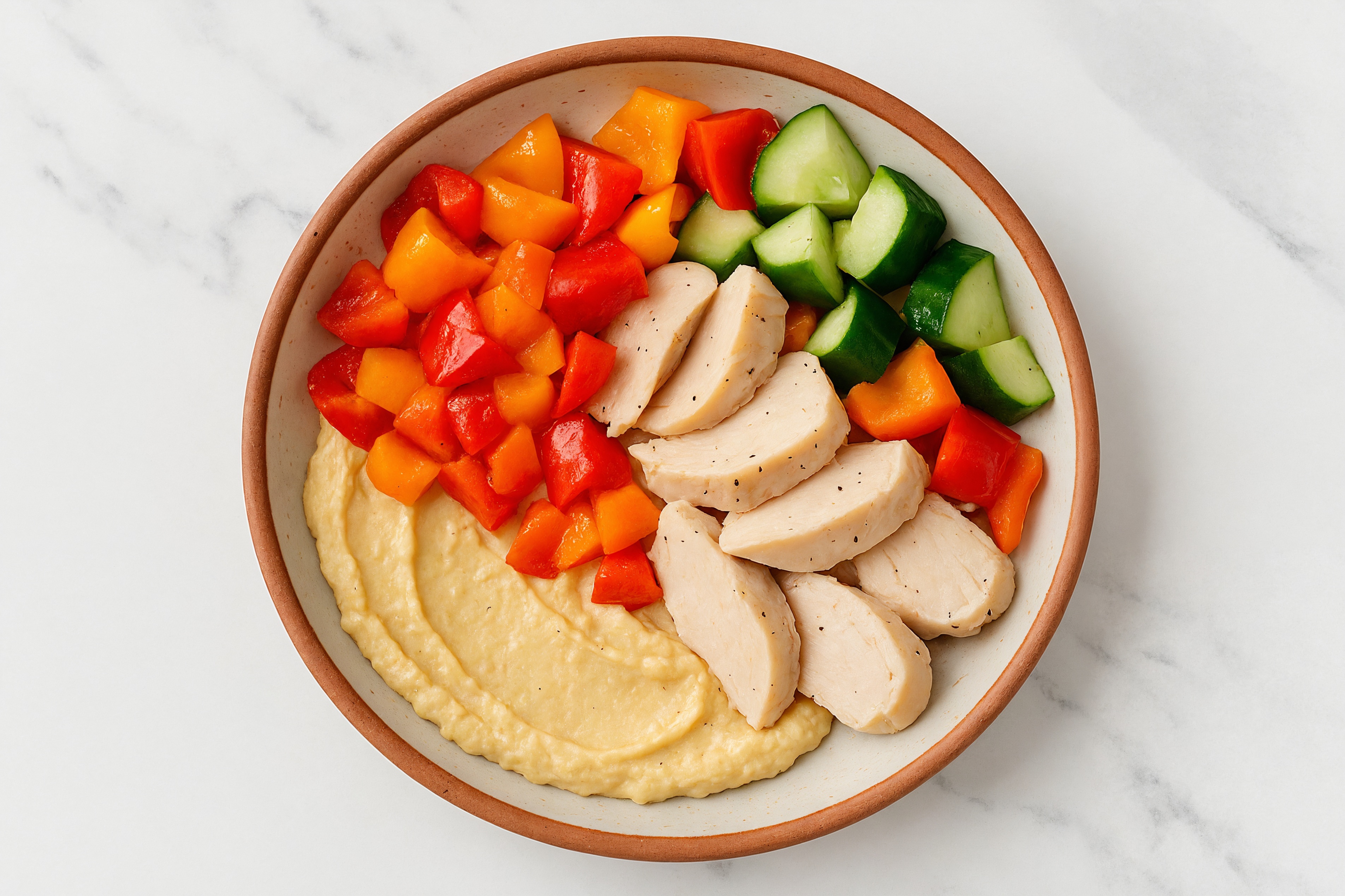 Lemon Garlic Hummus Chicken + Crunchy Veggie Bowl