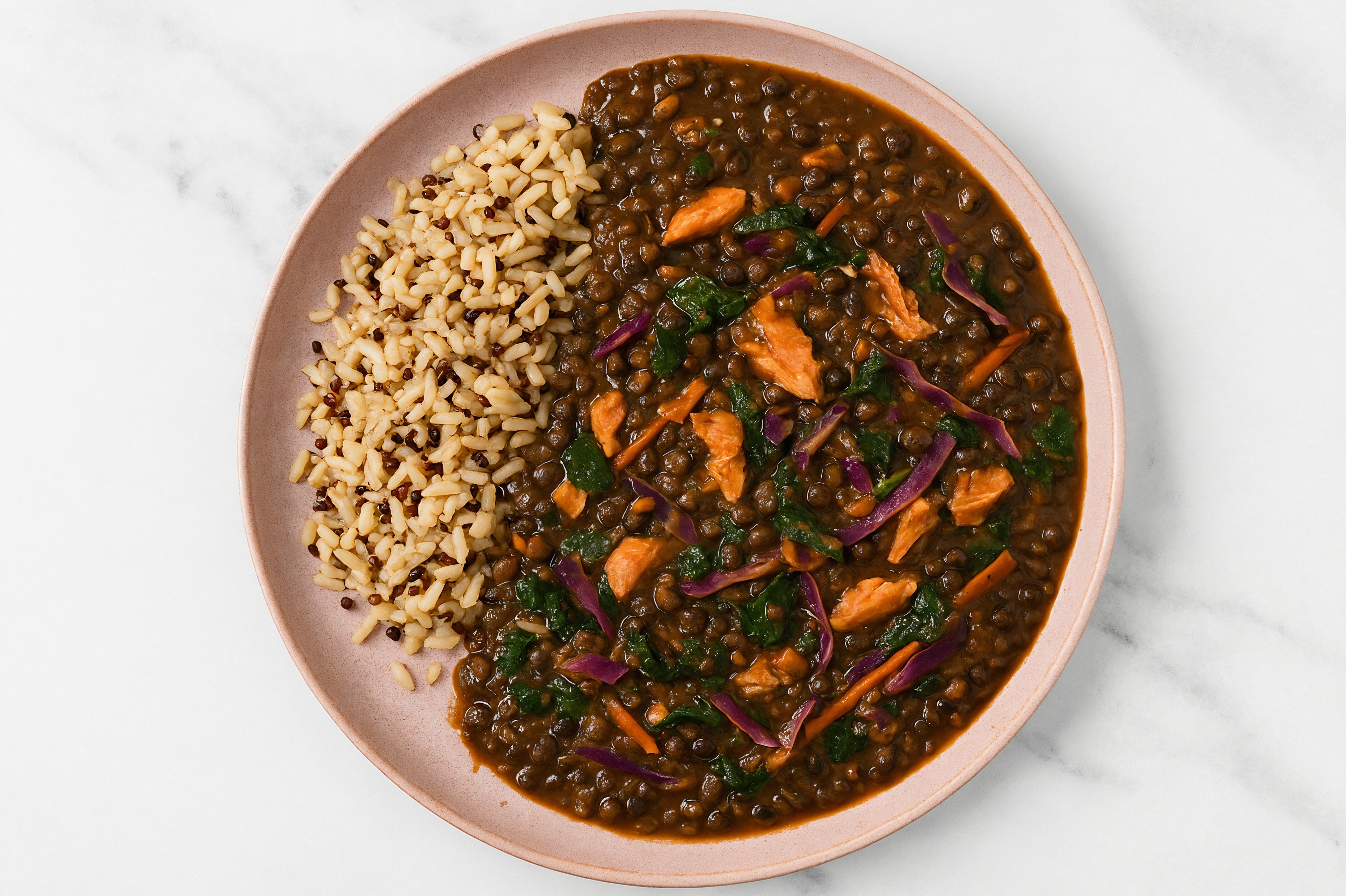 Salmon & Lentil Stew with Veggies & Brown Rice