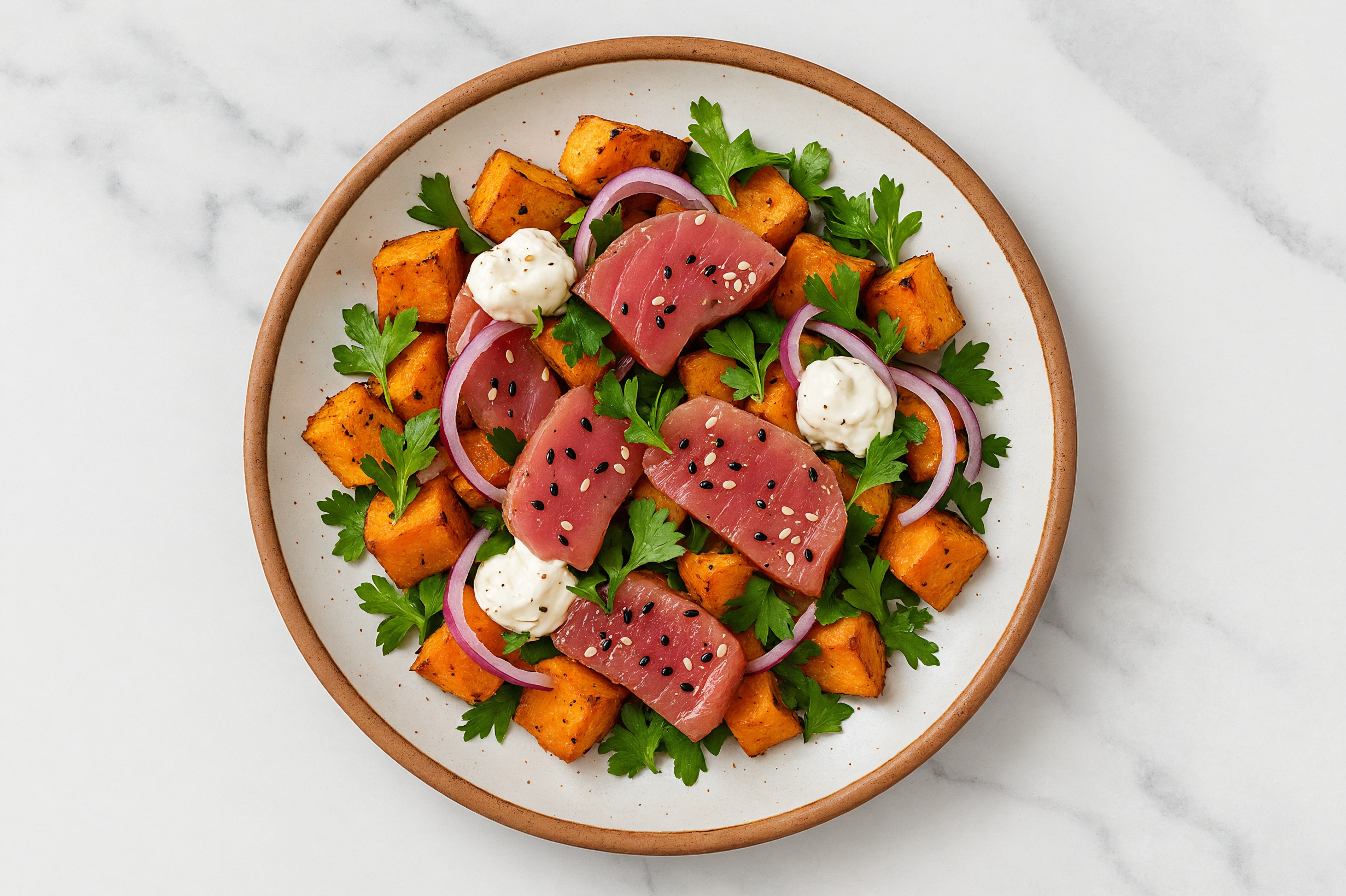 Smoked Tuna Loaded Roast Sweet Potatoes