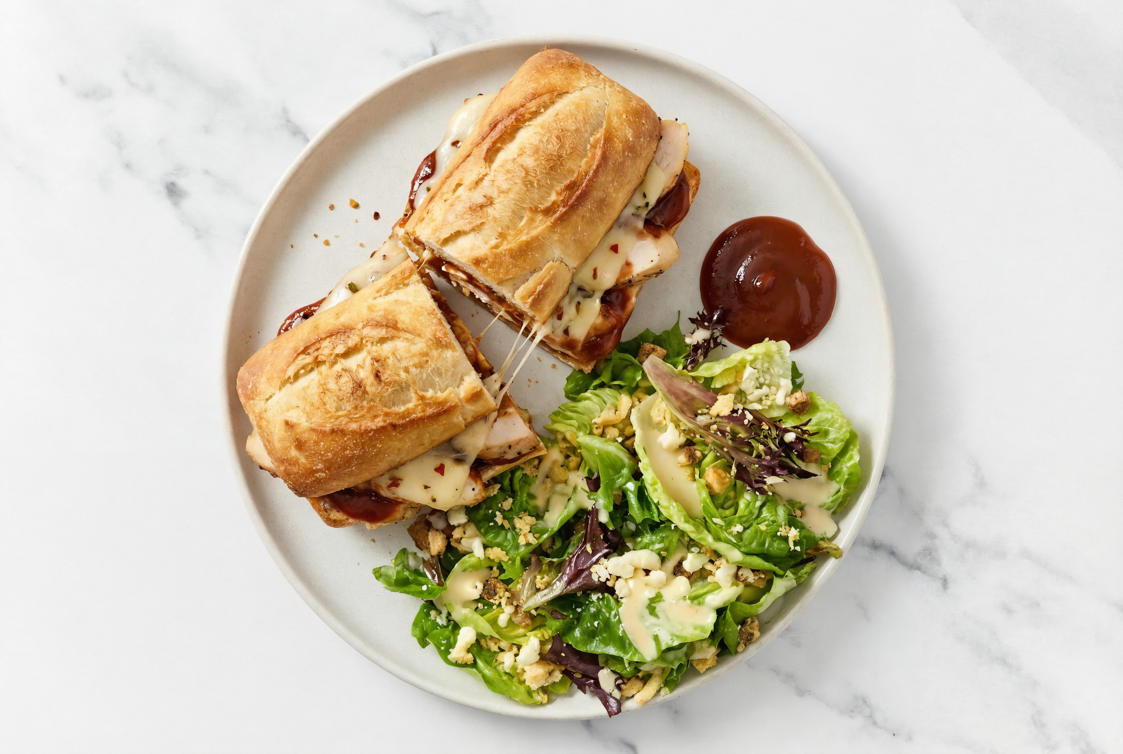 Easiest BBQ Chicken Baguette Melts + Little Gem Salad
