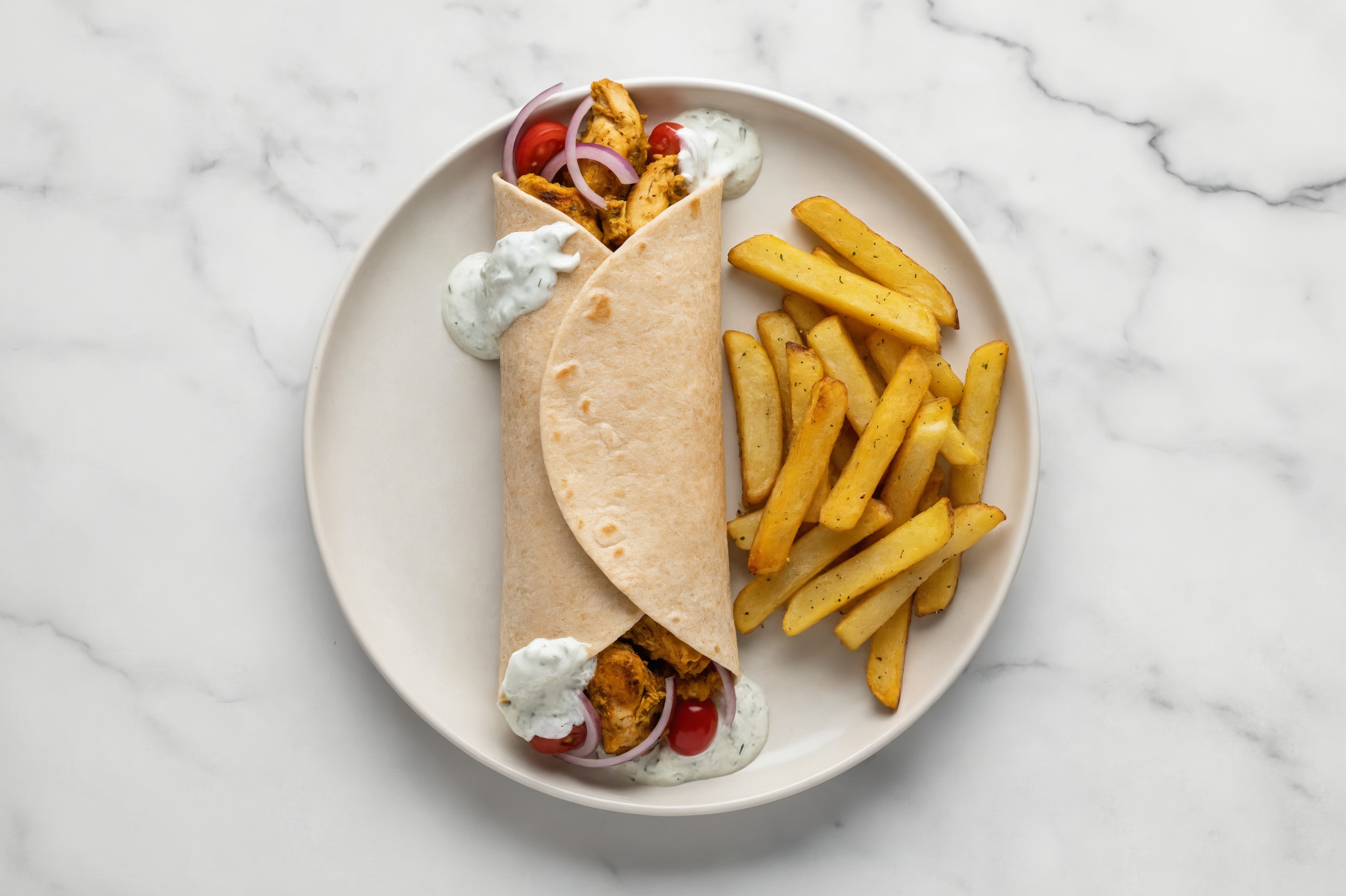 Shawarma, Tomato, Red Onion + Tzatziki Wrap with Fries