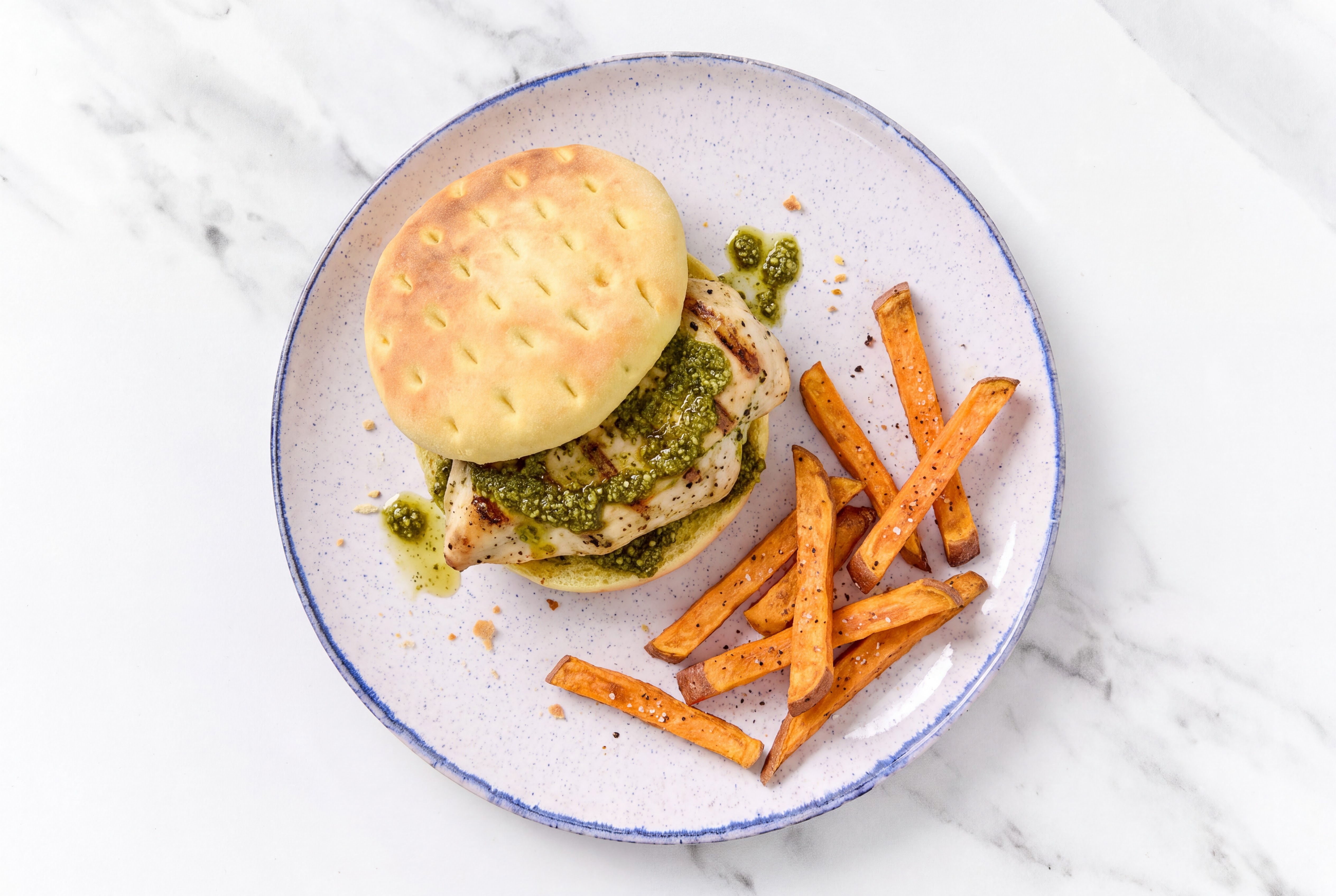  Basil Pesto Seasoned Grilled Chicken Breast Sandwich with Sweet Potato Fries