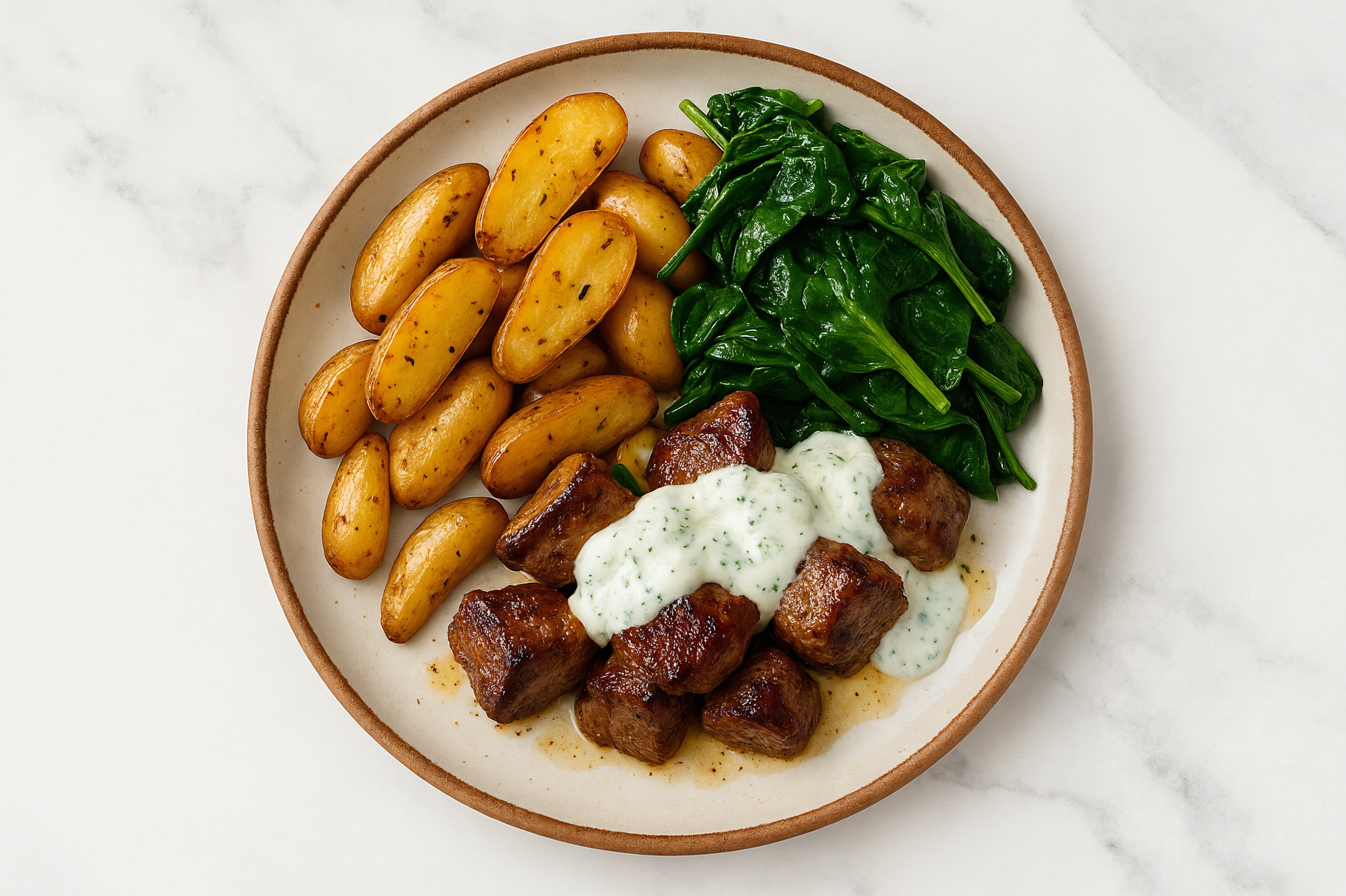 Tzatziki Seared Lamb with Fingerling Potatoes & Baby Spinach