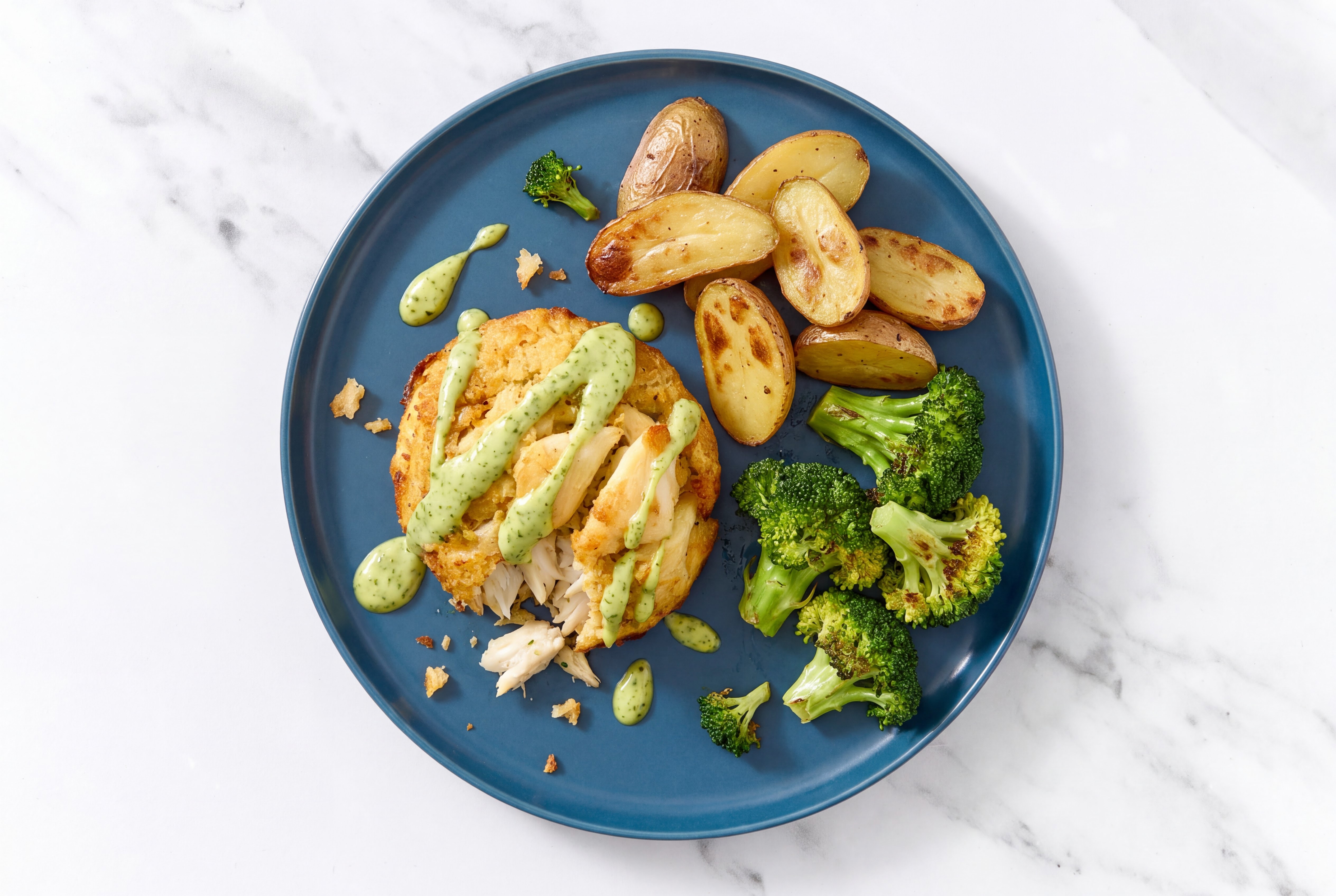 Creamy Herb Jumbo Lump Crab Cakes with Fingerlings + Organic Broccoli