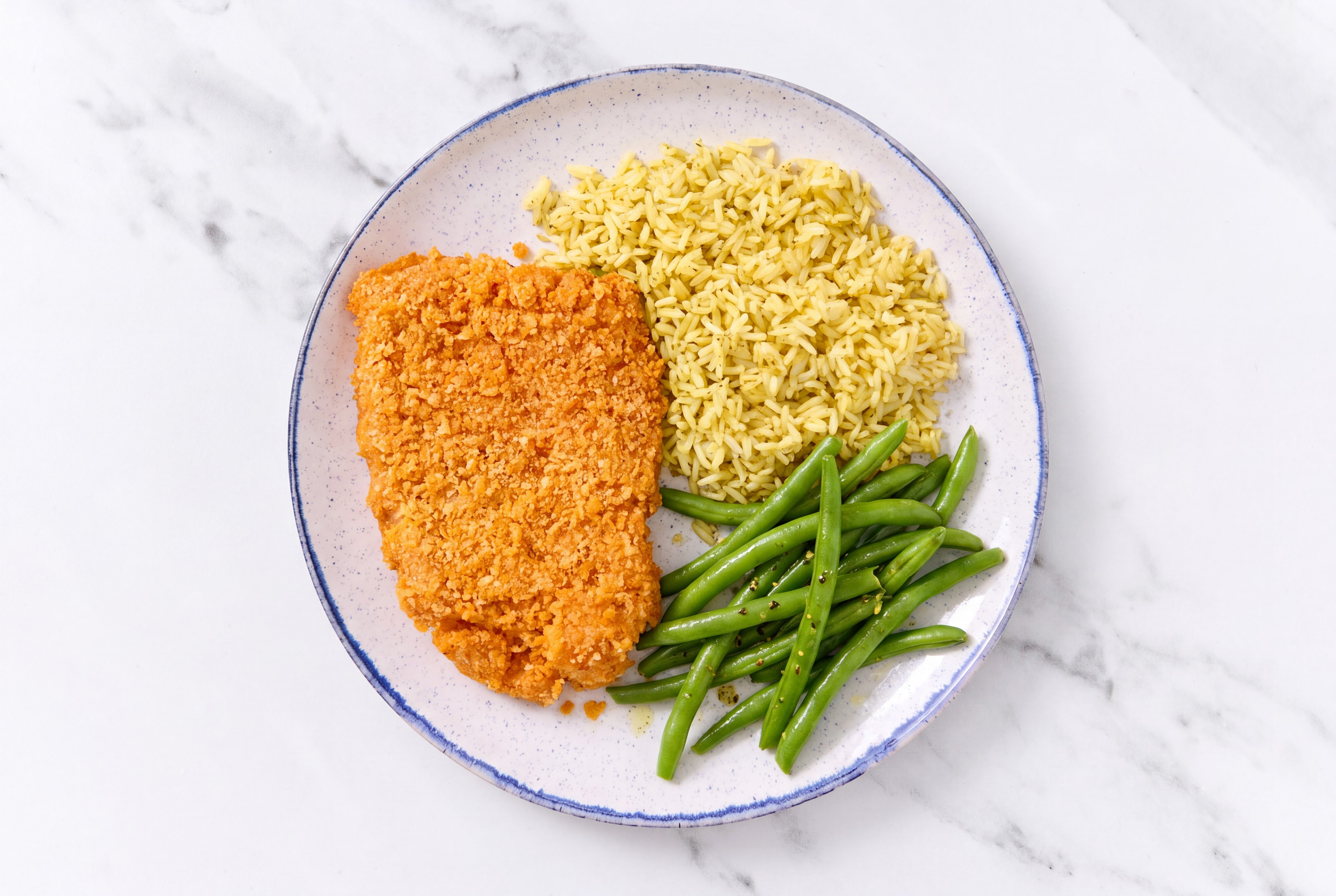 Hot Honey Breaded Chicken Cutlet with Green Beans & Jasmine Rice