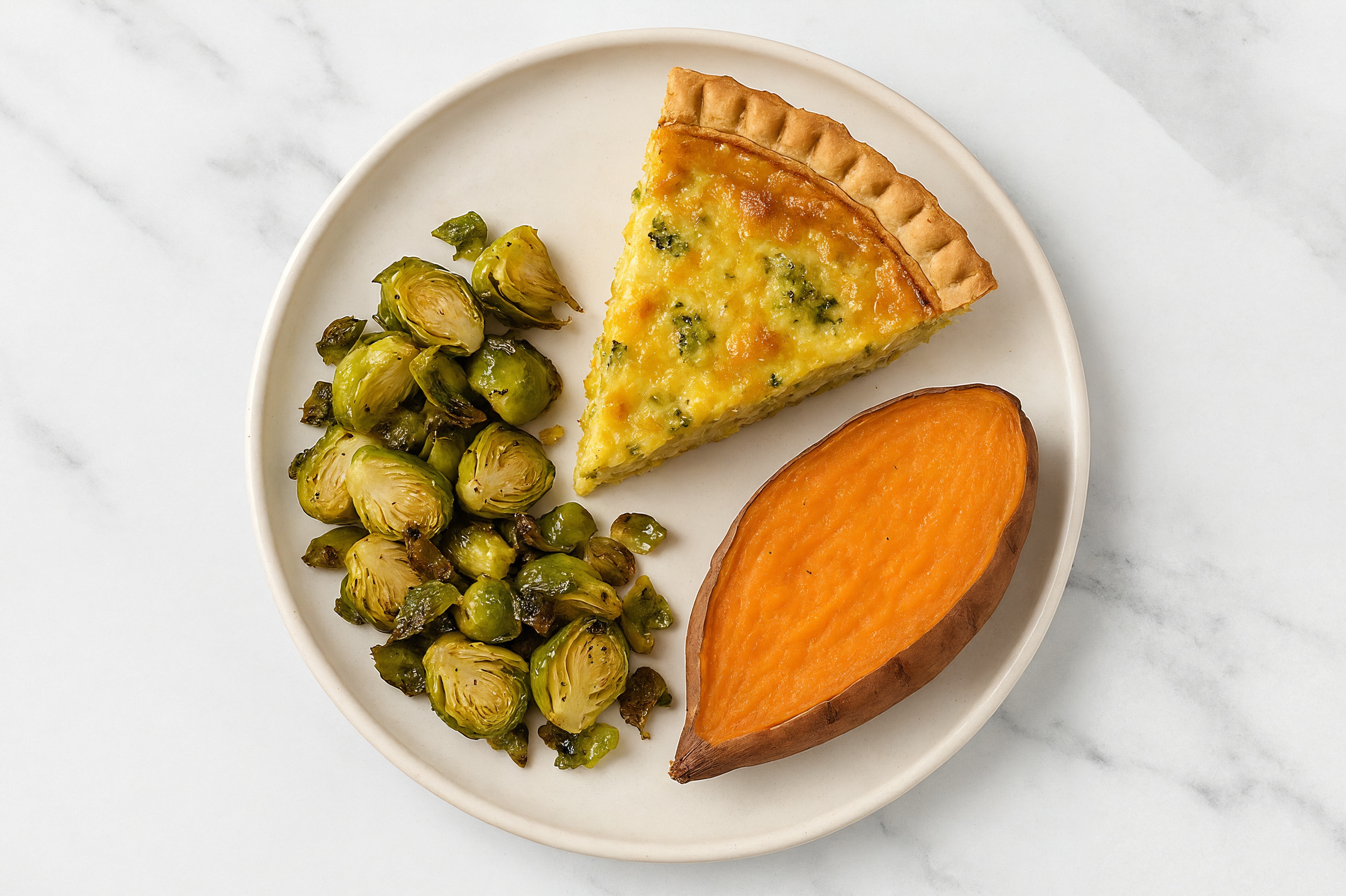 Broccoli & Cheddar Quiche with Brussels & Sweet Potato