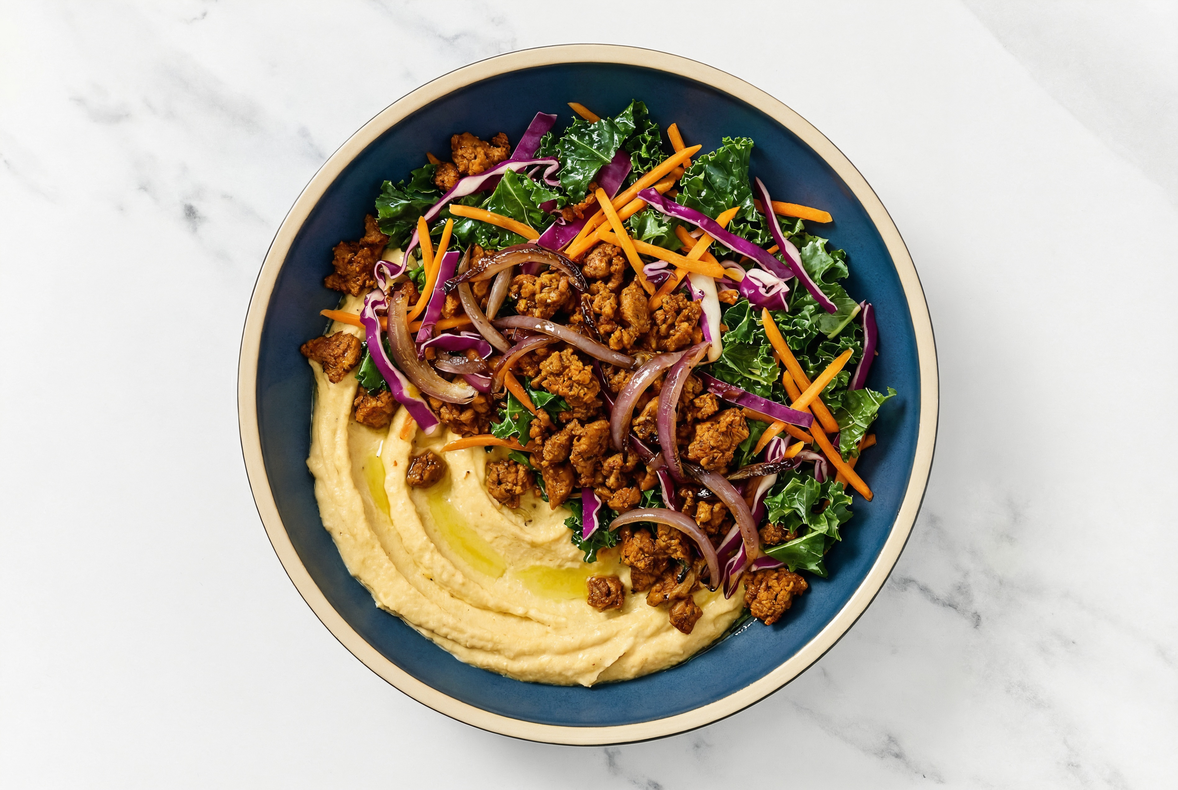 Colorful "Chorizo" + Rainbow Veggie Mix French Onion Hummus Bowl