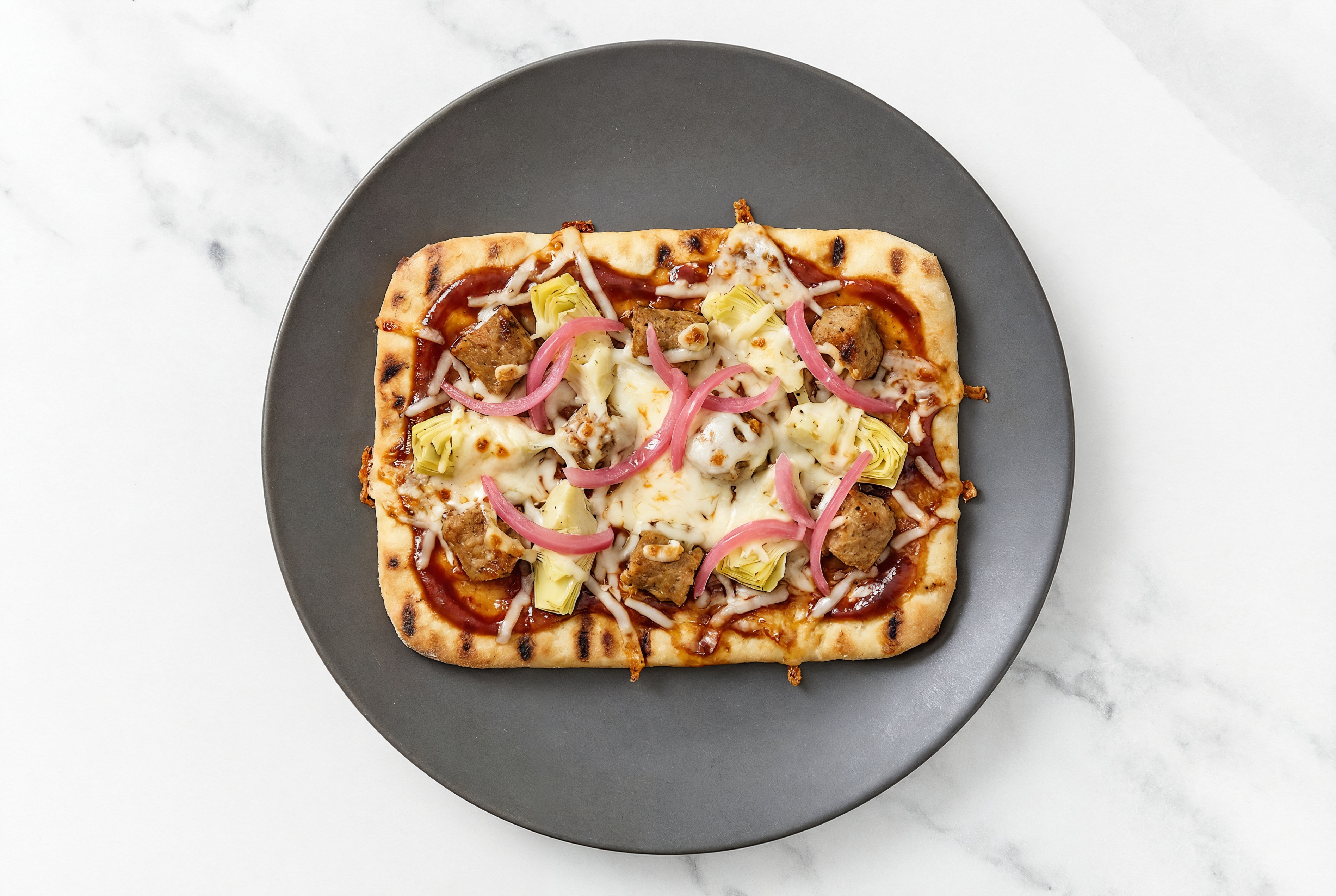 BBQ Turkey Sausage + Artichoke Pizza with Pickled Onion with Original BBQ Sauce