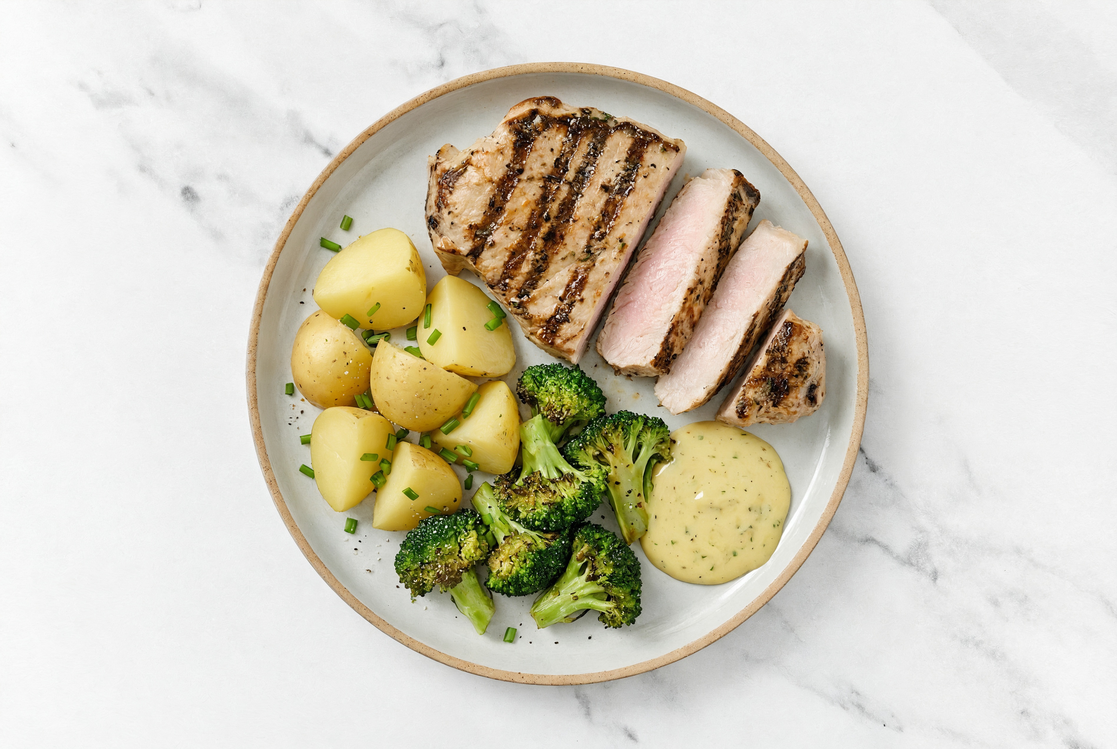 Grilled Pork Chops + Yellow Potatoes, Chives, Honey Mustard Sauce + Broccoli