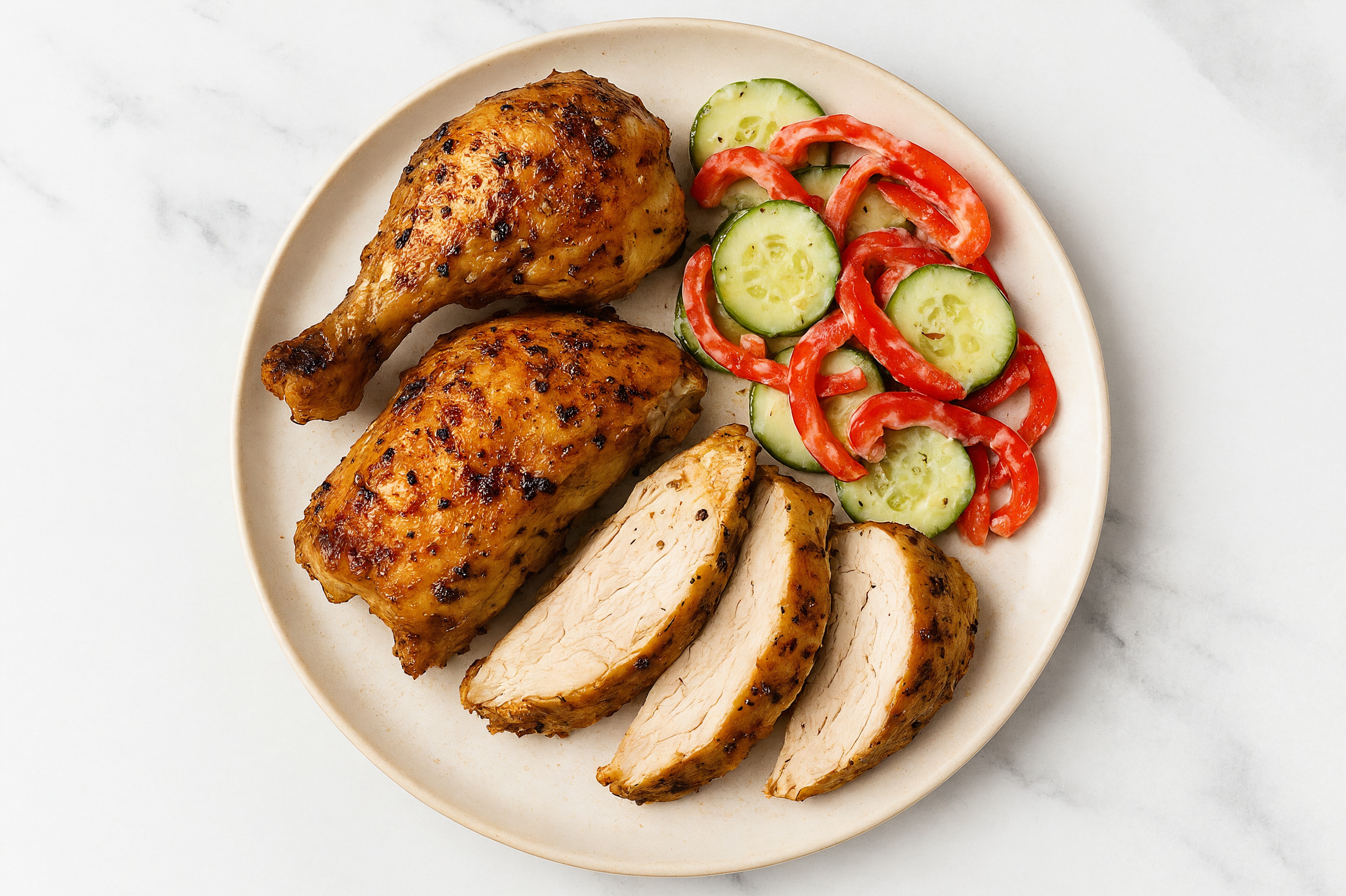 Juicy Lemon Chicken + Garlicky Cucumber Salad with Red Bell Pepper