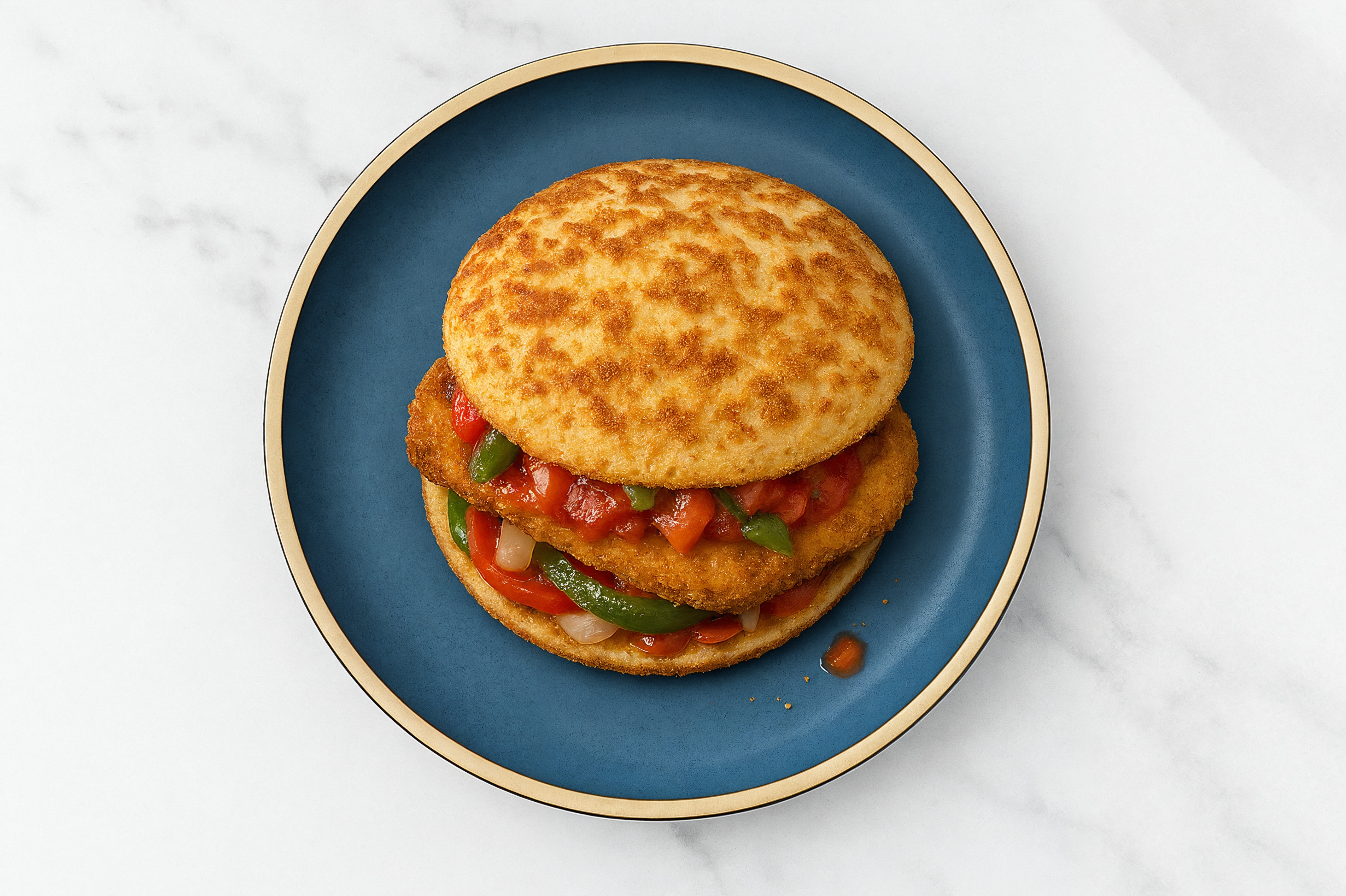 Mexican "Chicken" Tenders Sandwich with Peppers + Onion on Cauliflower Rounds