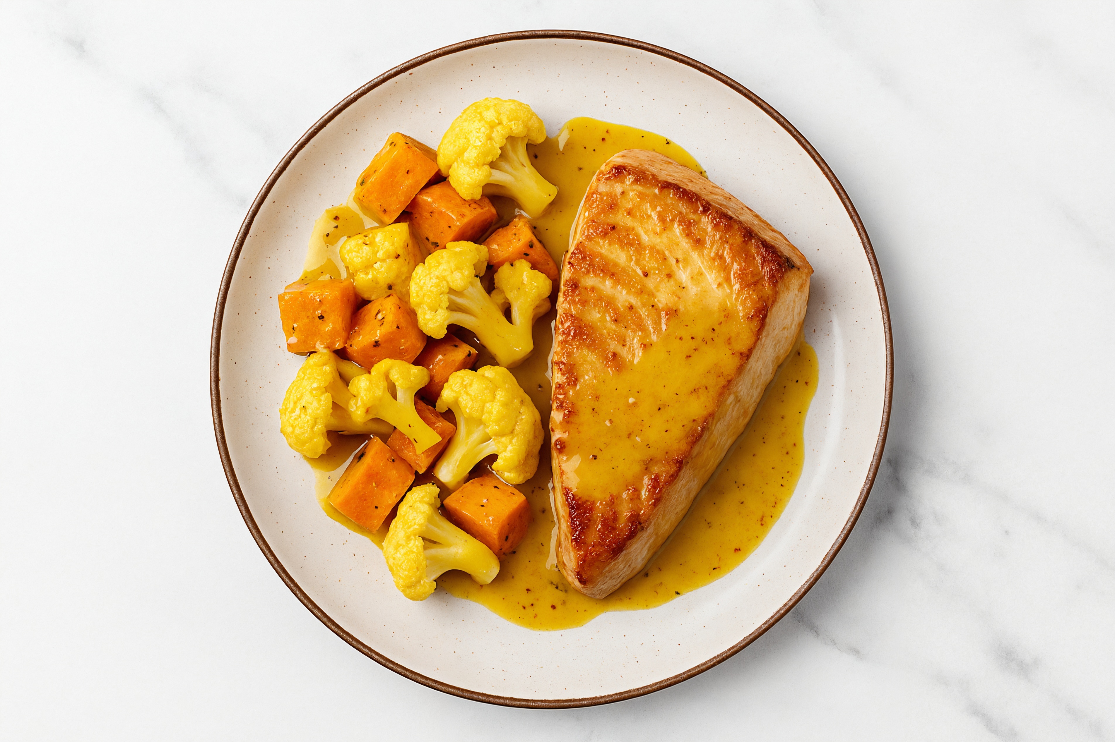 Sheet Pan Honey Mustard-Tuna with Sweet Potatoes & Cauliflower