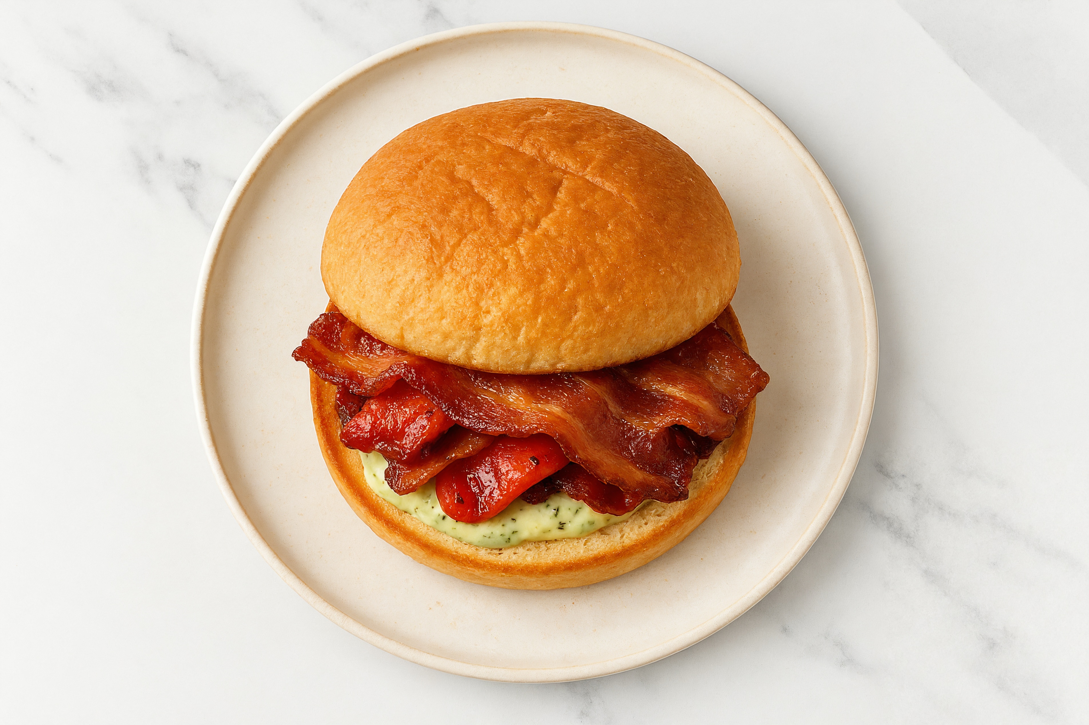 Dill Pickle Applewood Smoked Pork Bacon Sandwich with Roasted Peppers on Gluten-Free Buns