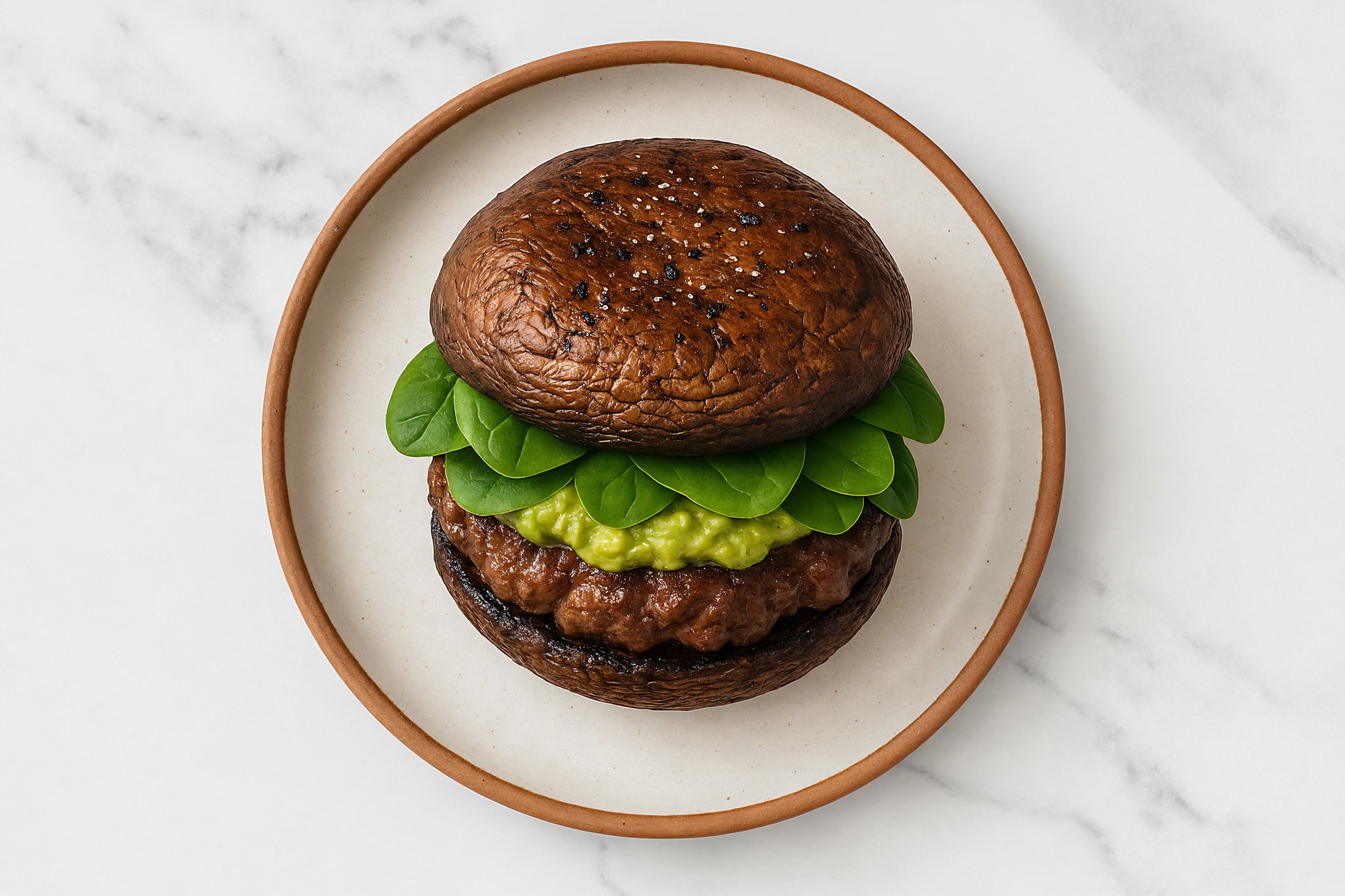 Herby Guacamole Bison Burger on Mushroom Bun with Baby Spinach