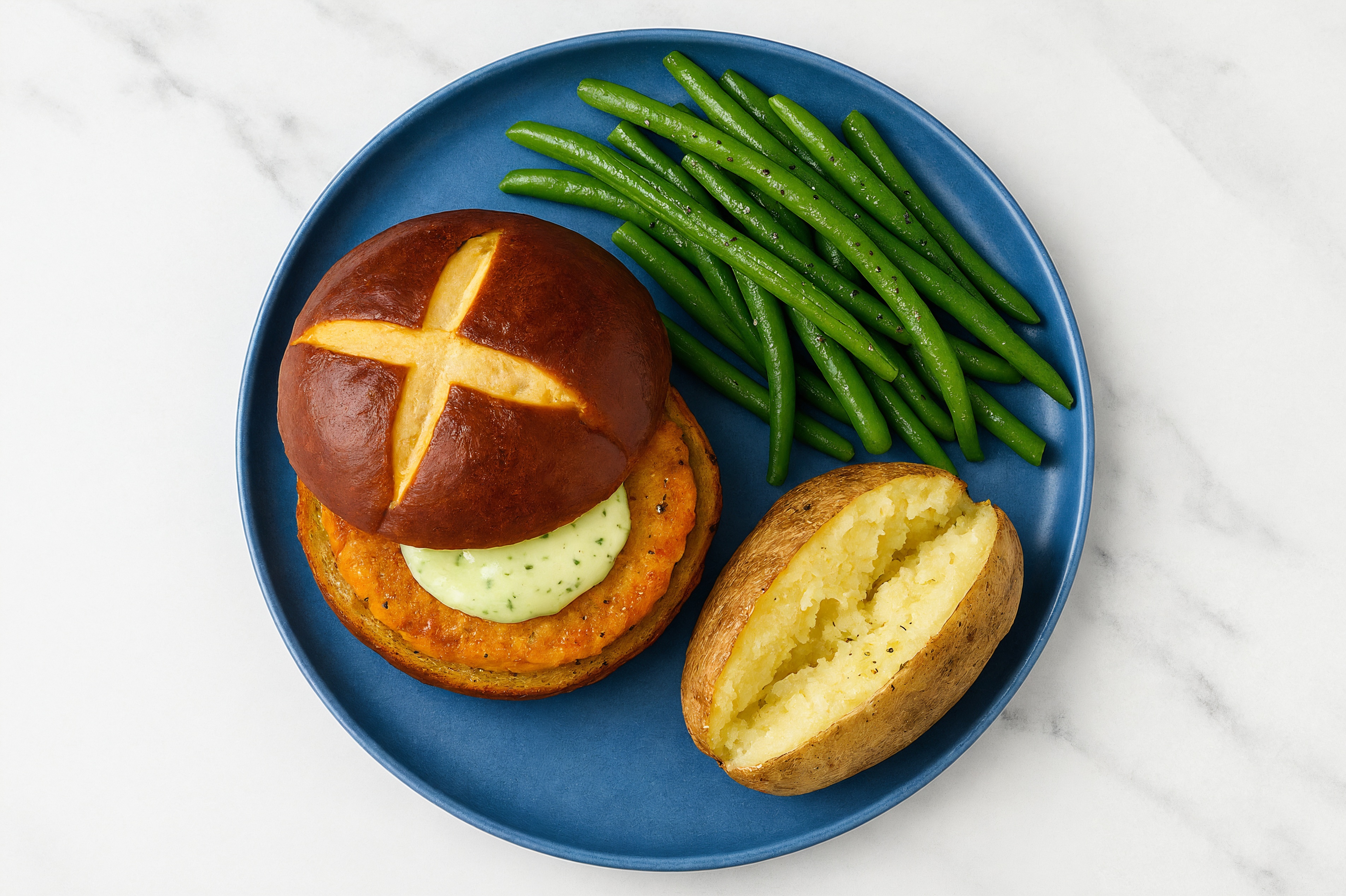Jalapeño Sweet Potato Burger on Pretzel Bun with Green Beans