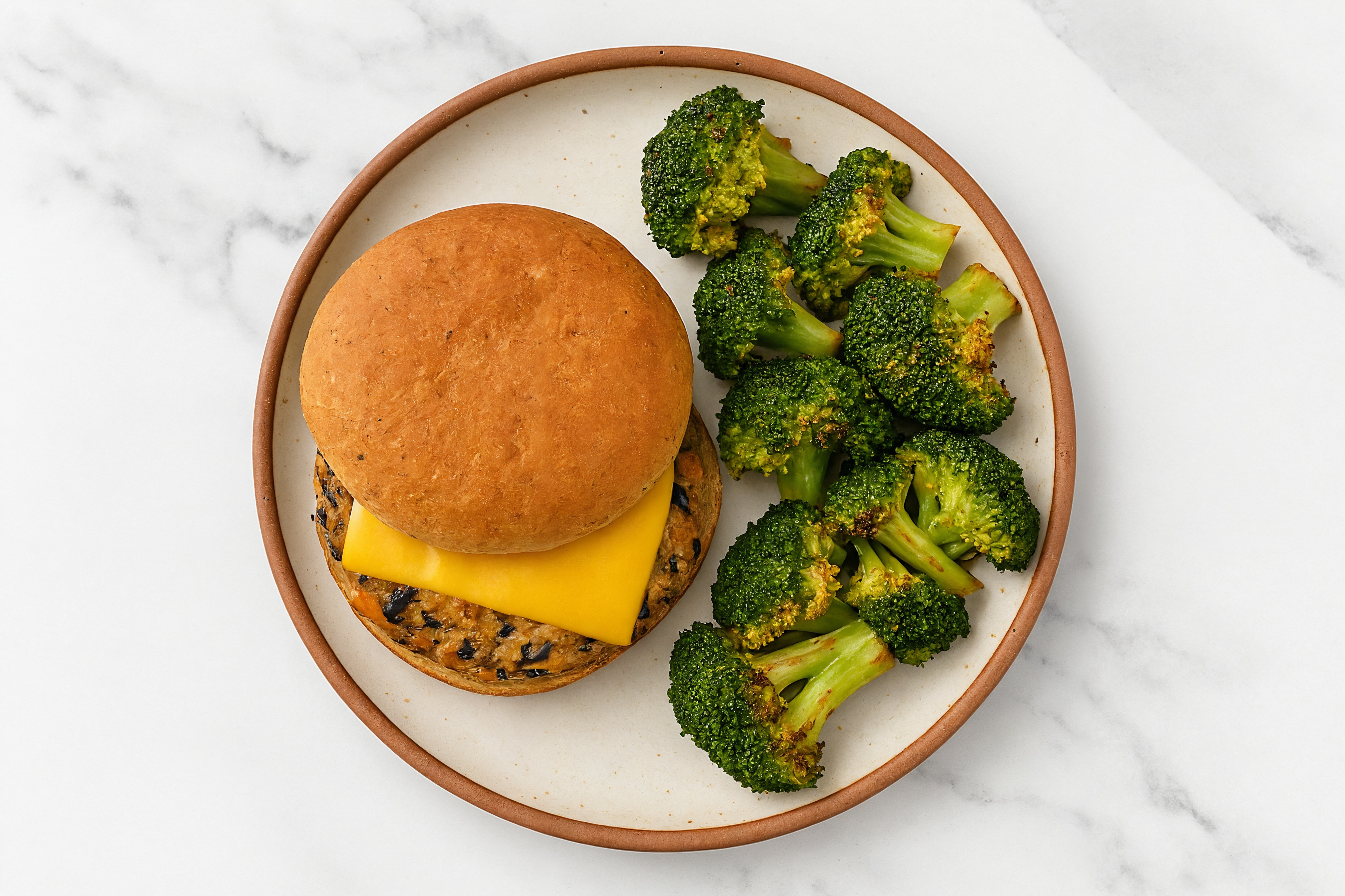 Classic Cheesy Veggie Burger with Organic Broccoli Side