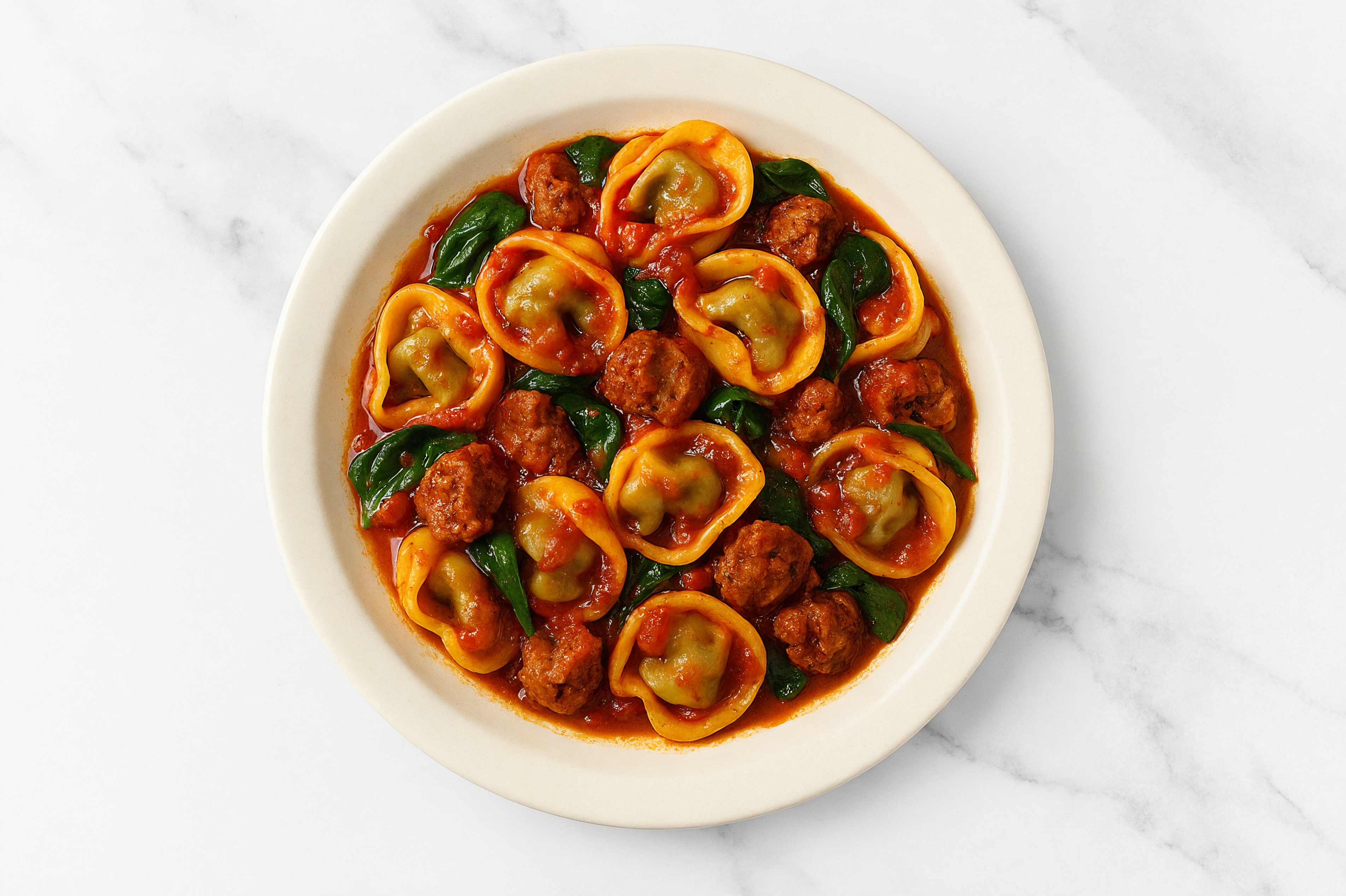 Spicy Sausage + Tortellini Soup with Baby Spinach