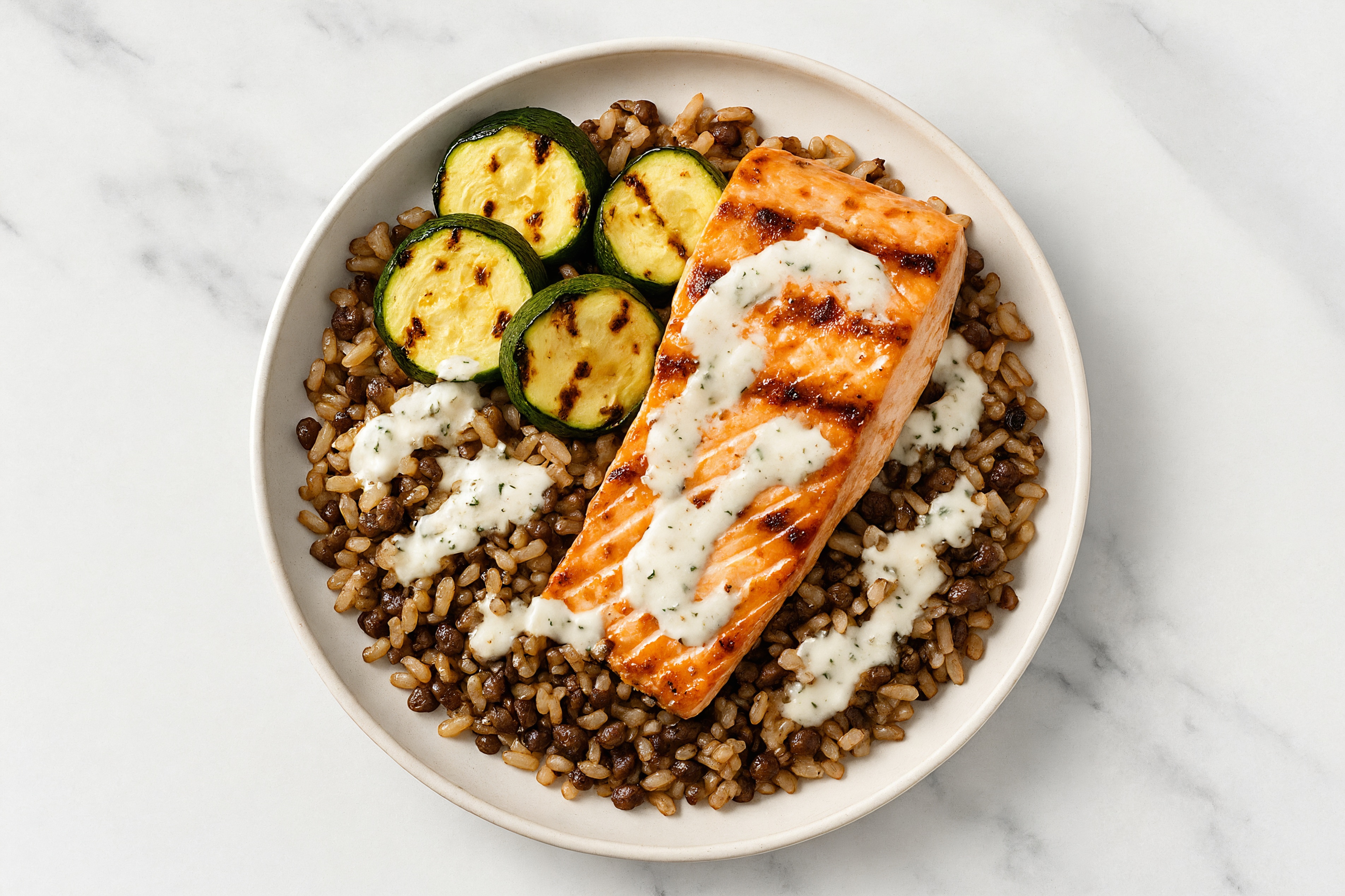 Grilled Ranch Salmon Grain Bowl with Lentil Quinoa Rice Mix