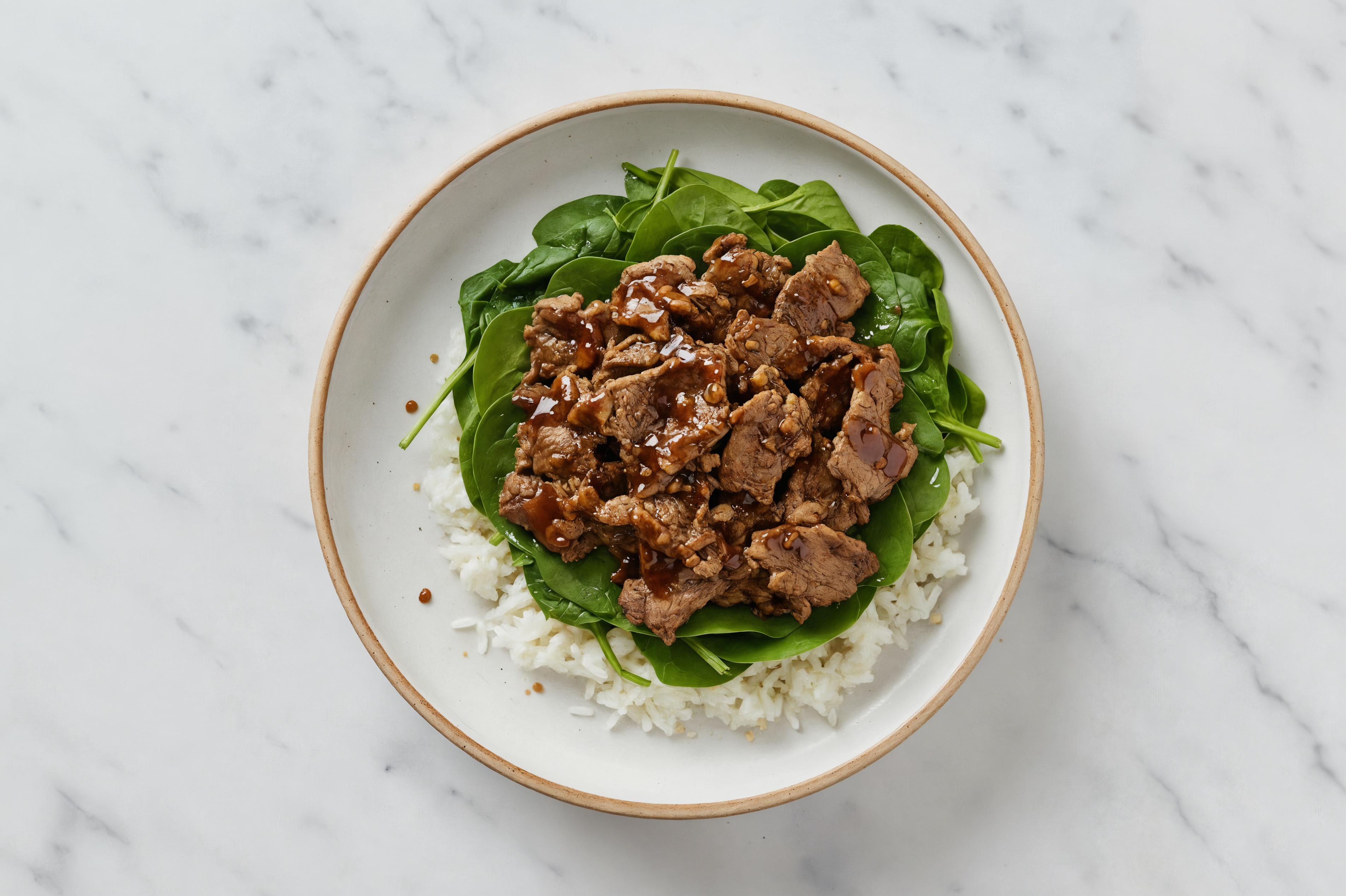 Honey Garlic Beef with Organic Spinach + Rice
