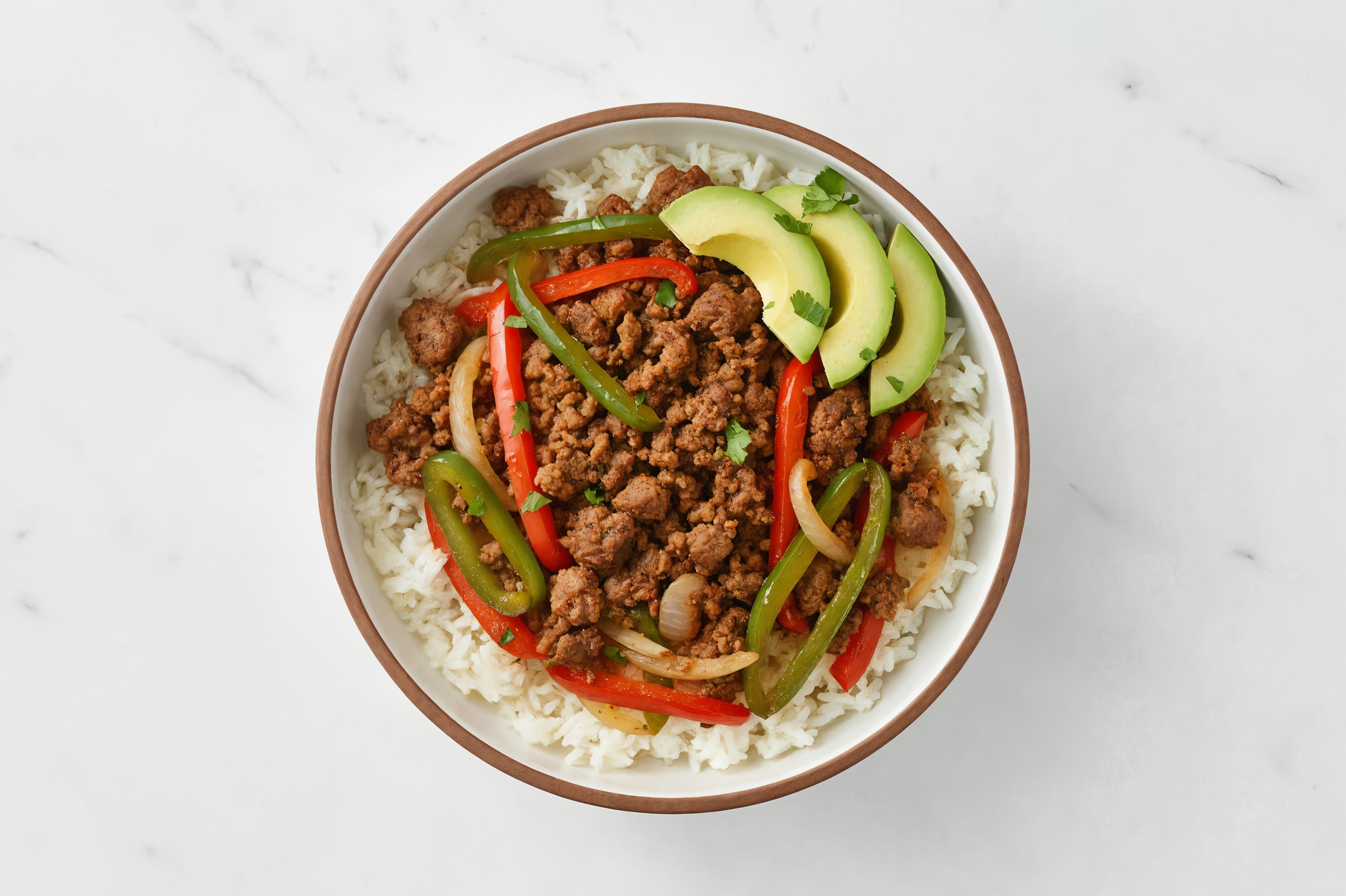 Taco Seasoned Beef + Avocado, Bell Pepper Onion Sauté, Rice