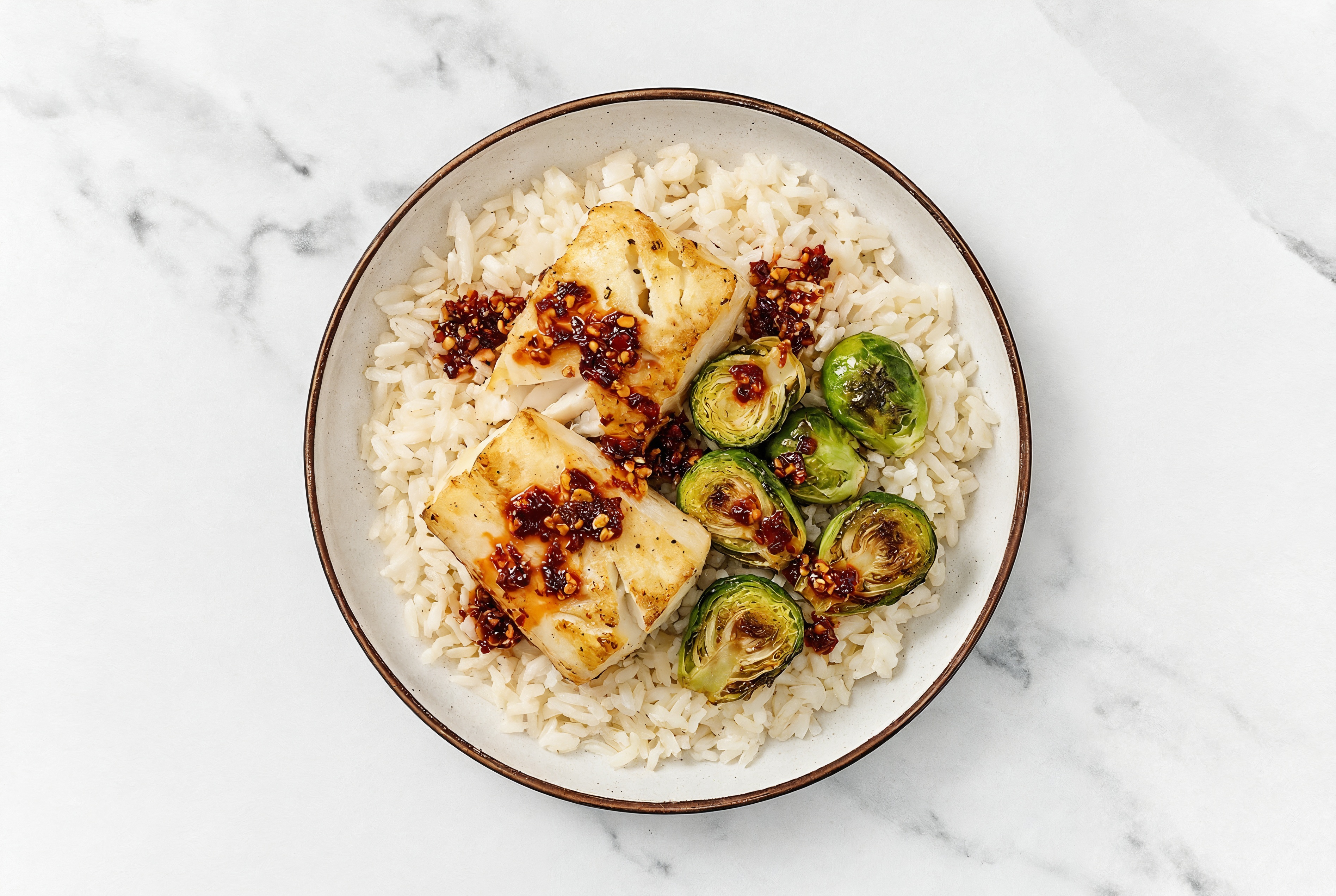 Air Fryer Chili Crisp Halibut + Brussels with Long Grain White Rice