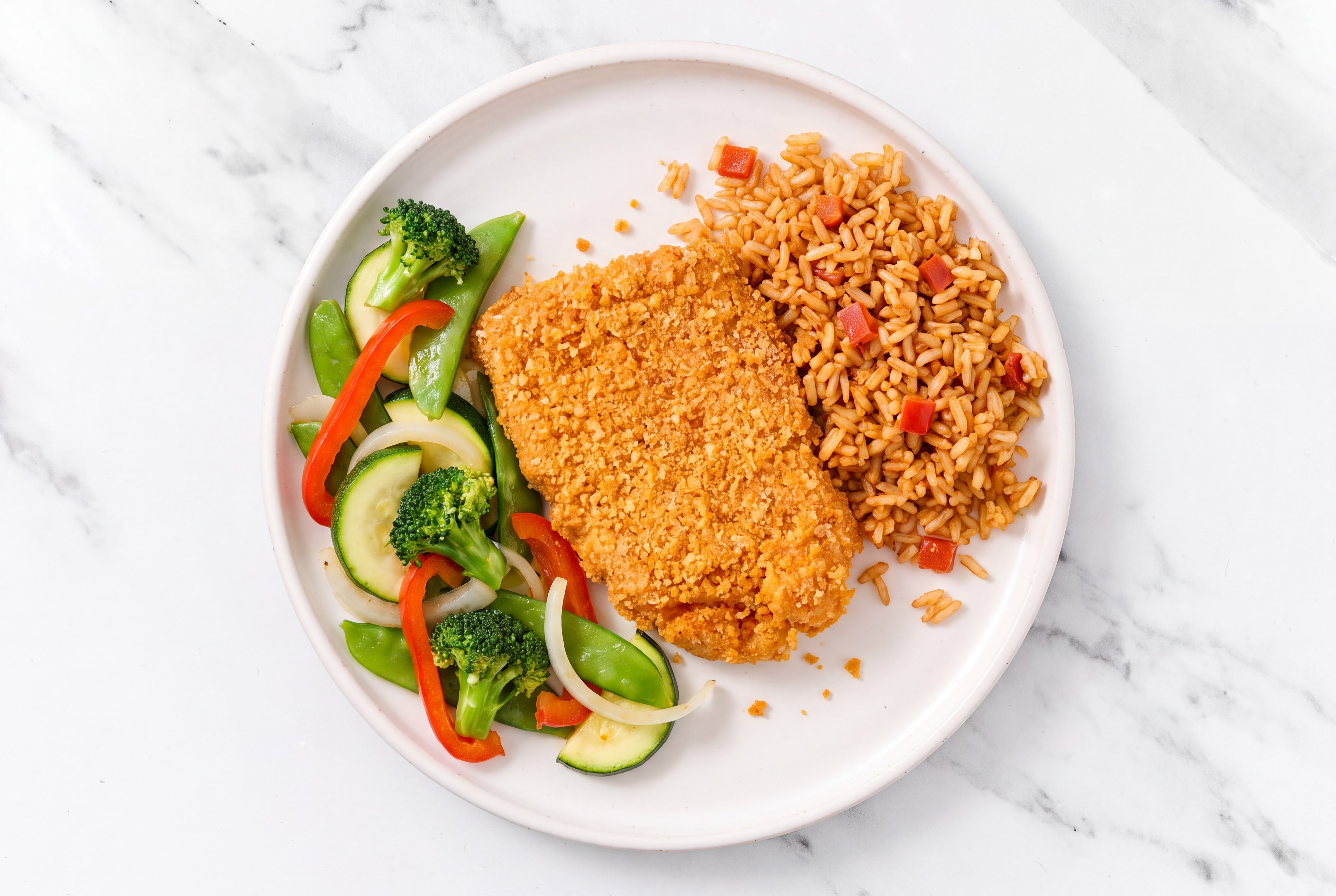 Hot Honey Breaded Chicken Cutlet with Mixed Veggies & Mexican Rice