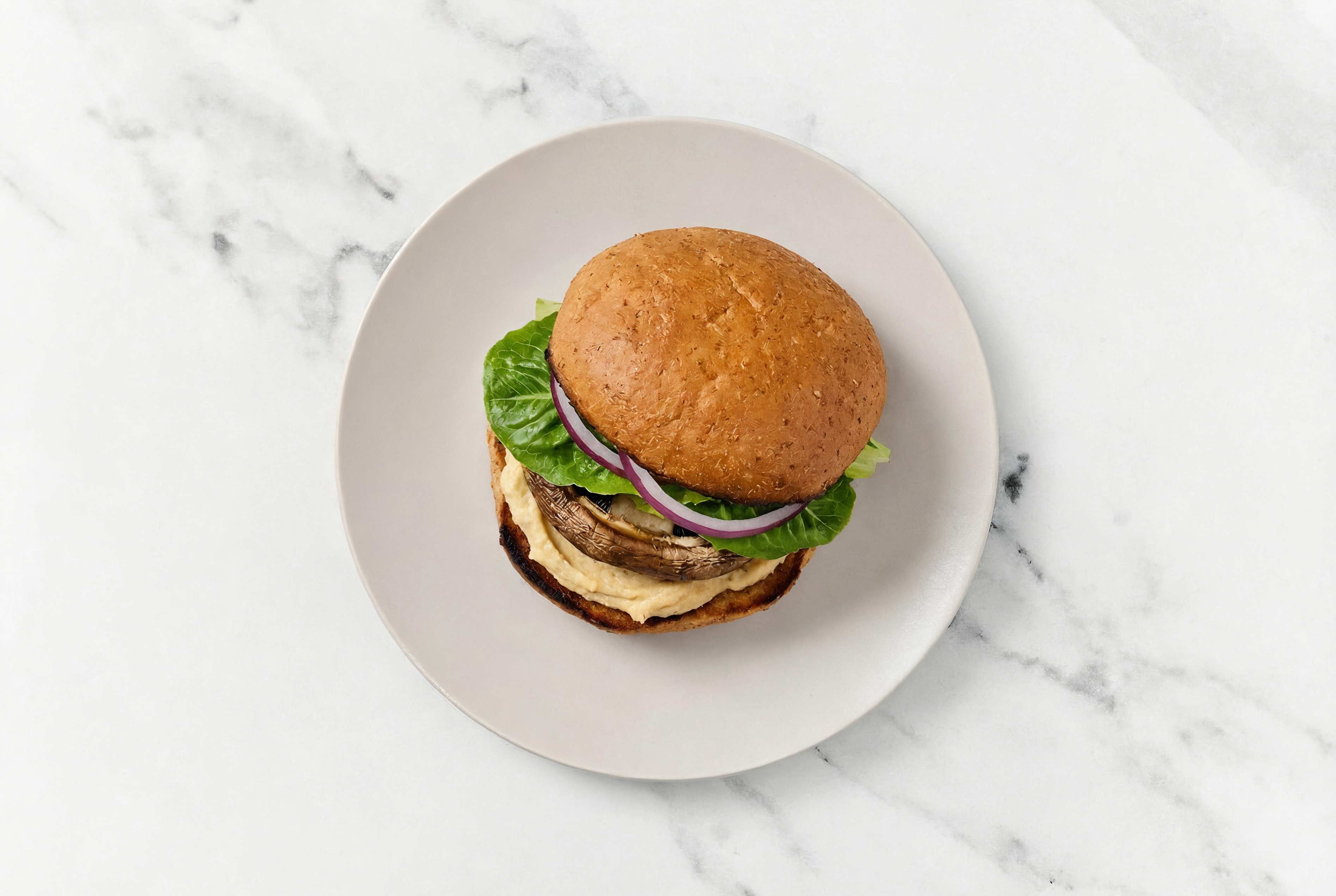 Garlicky French Onion Hummus Portabella Burger