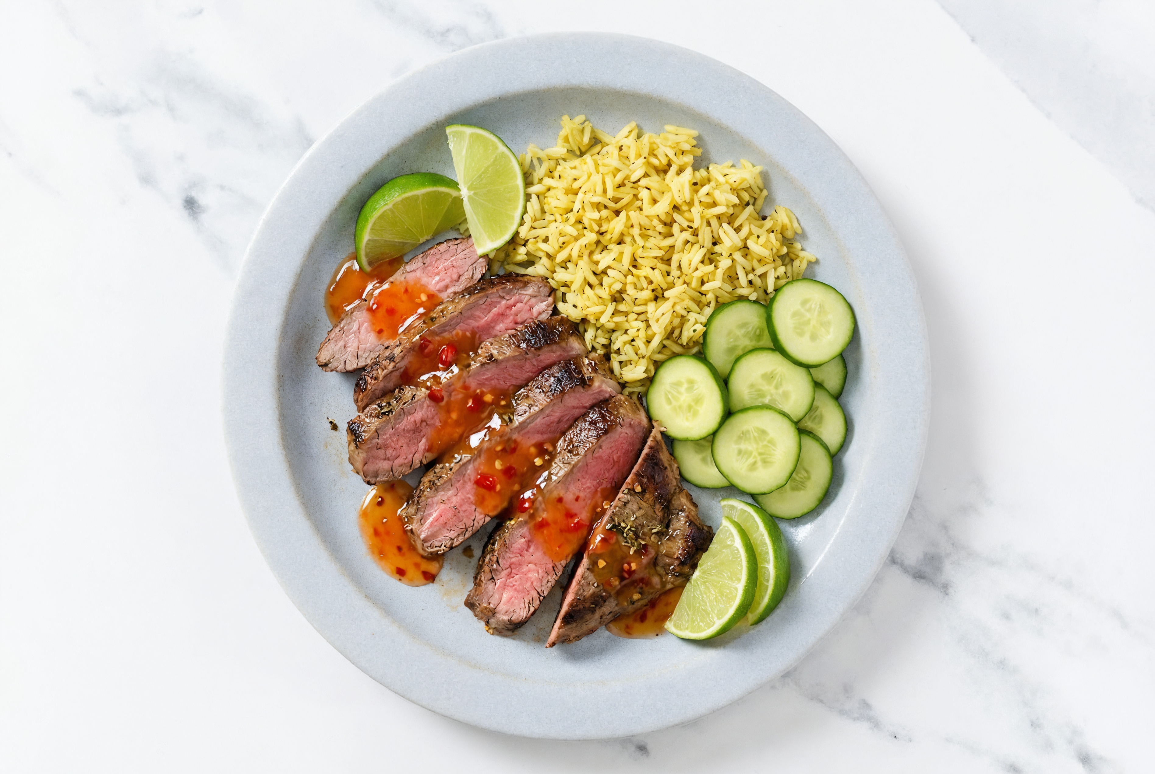 Sweet Chili LIme Rosemary Garlic Beef Flank Steak Rice Bowl with Cucumber + Lime