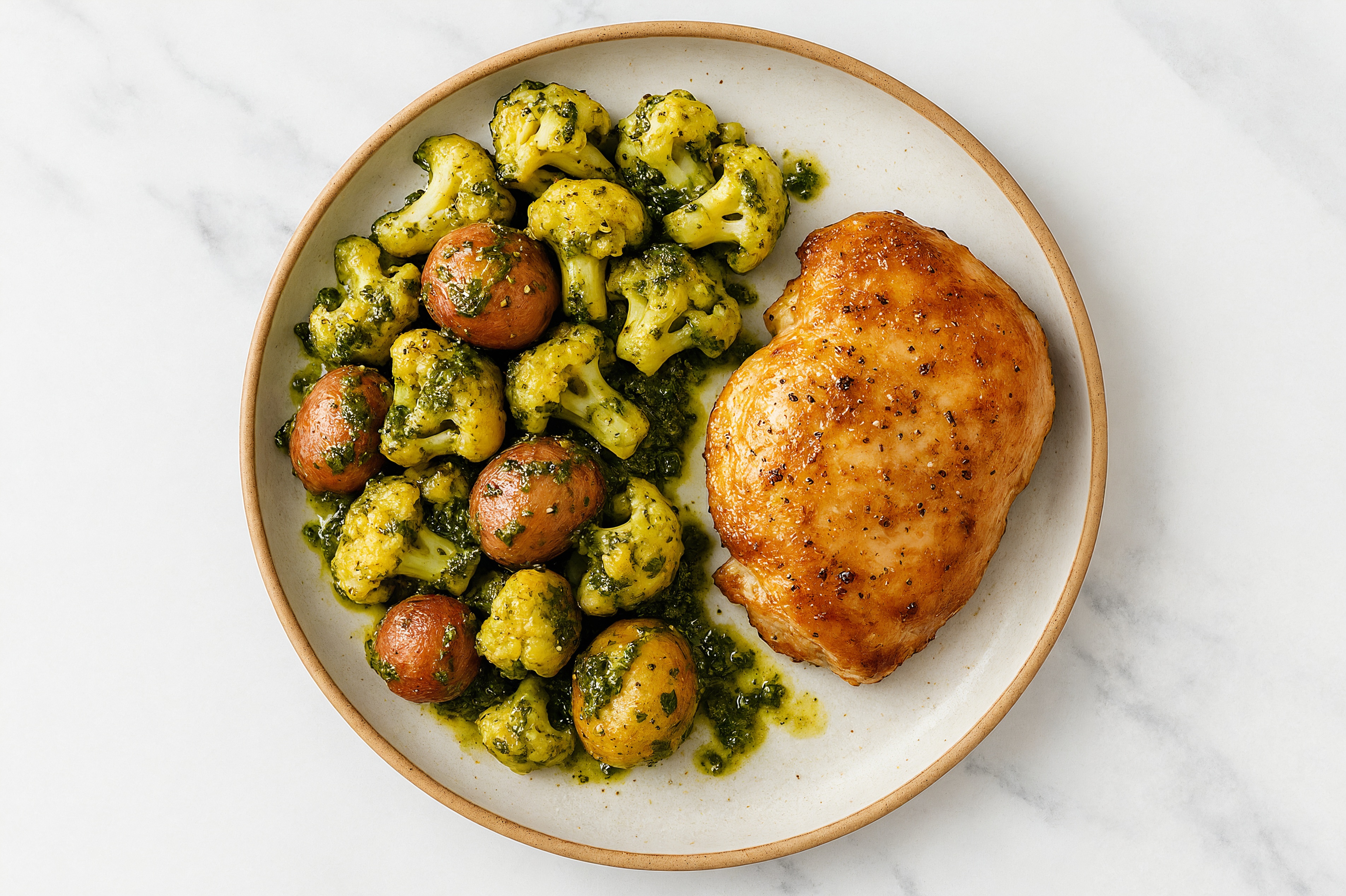 Sheet Pan Pesto-Chicken with Potatoes & Cauliflower