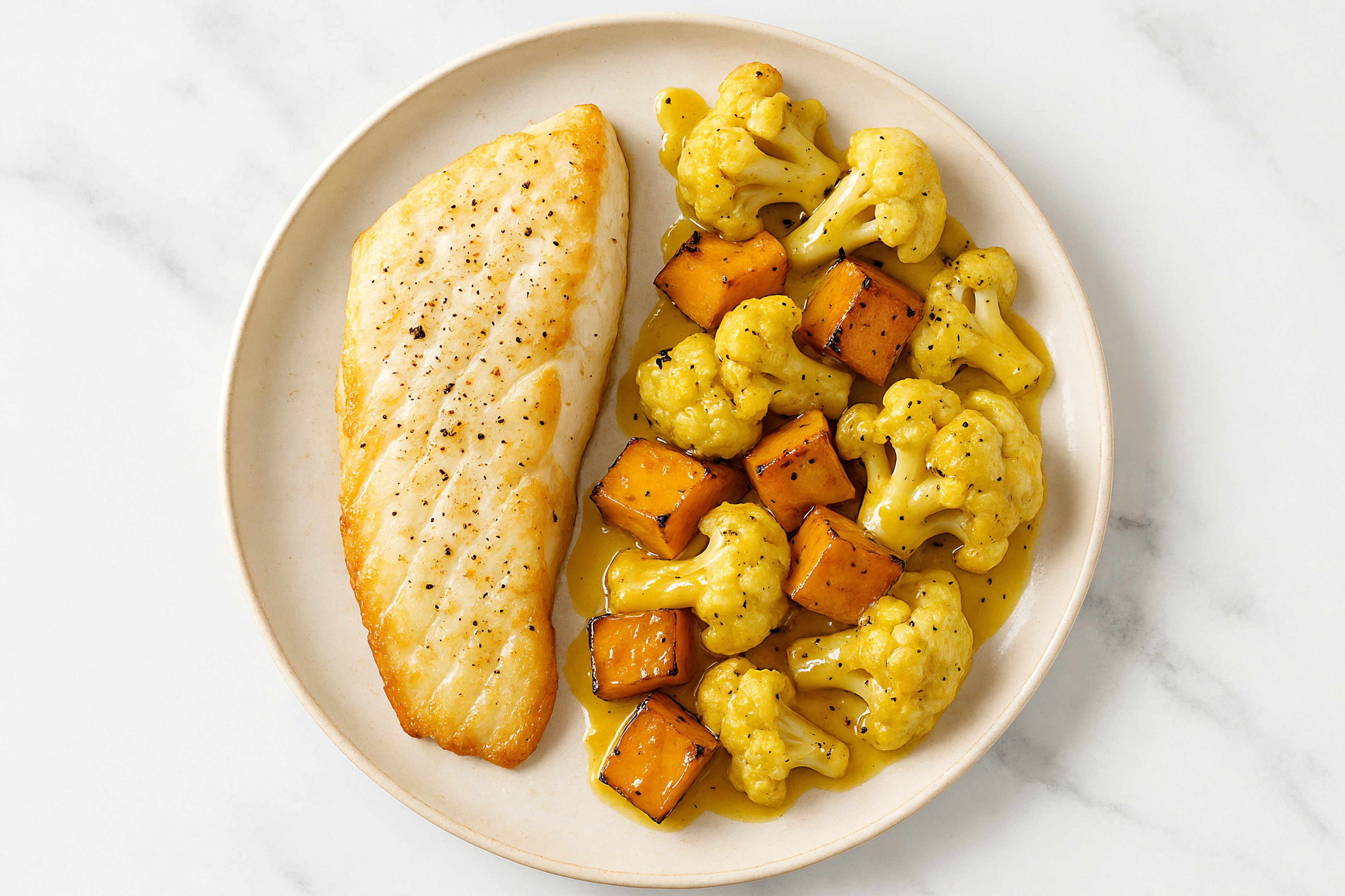 Sheet Pan Honey Mustard-Cod with Sweet Potatoes & Cauliflower