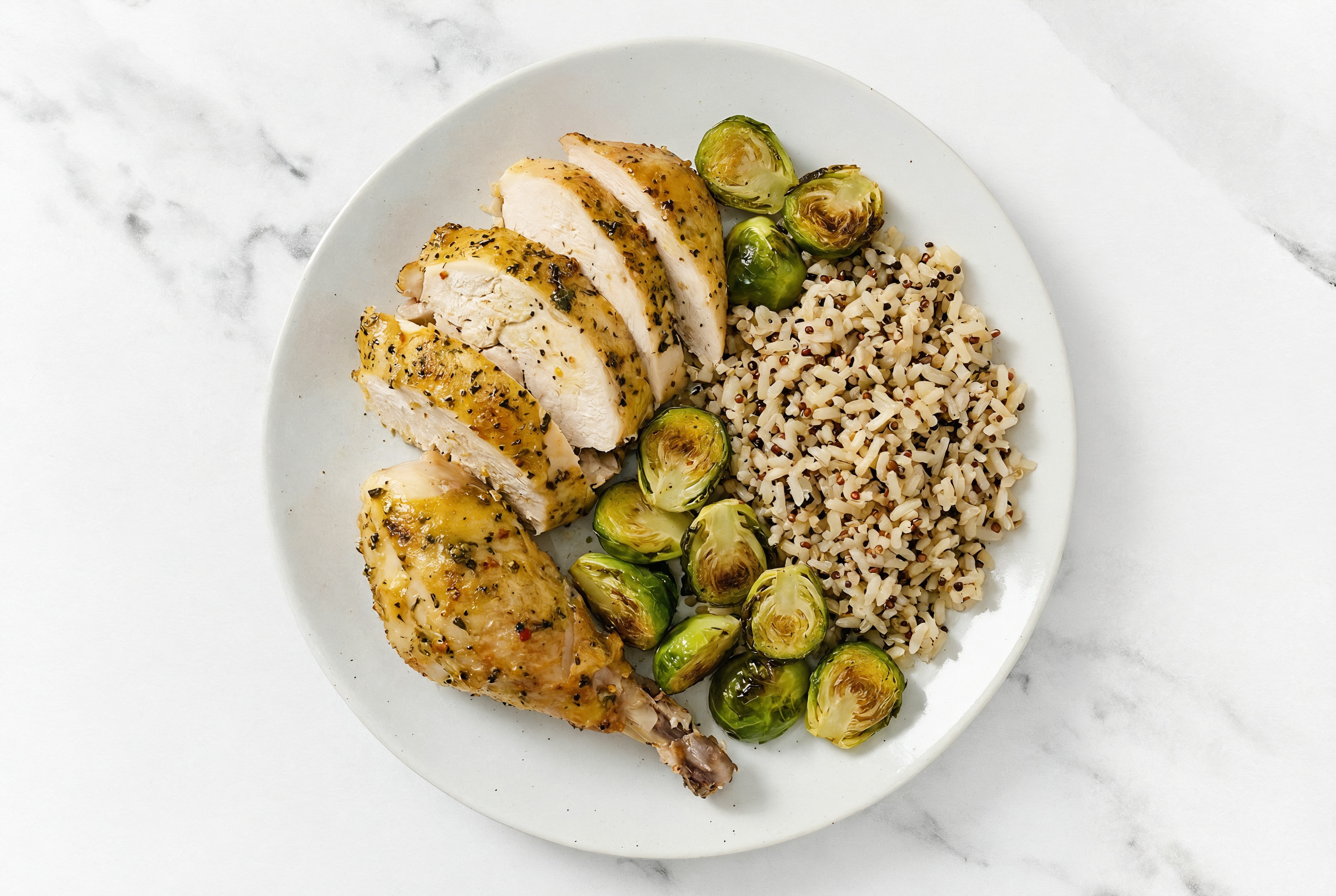 Lemon Pepper Chicken + Crispy Brussels Plate with Brown Rice Quinoa Blend