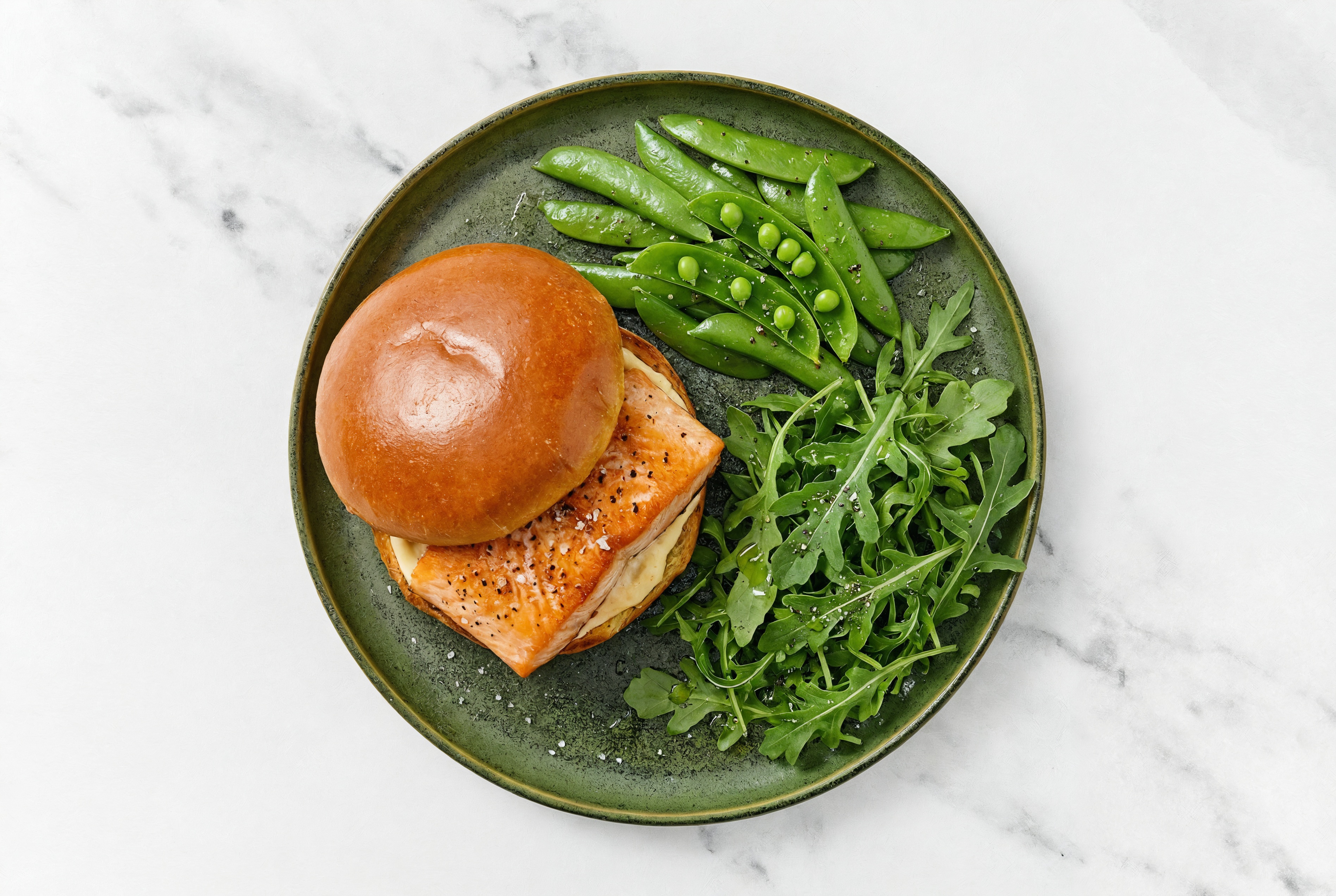 Horseradish Salmon Sandwich on Brioche with Arugula + Snap Peas