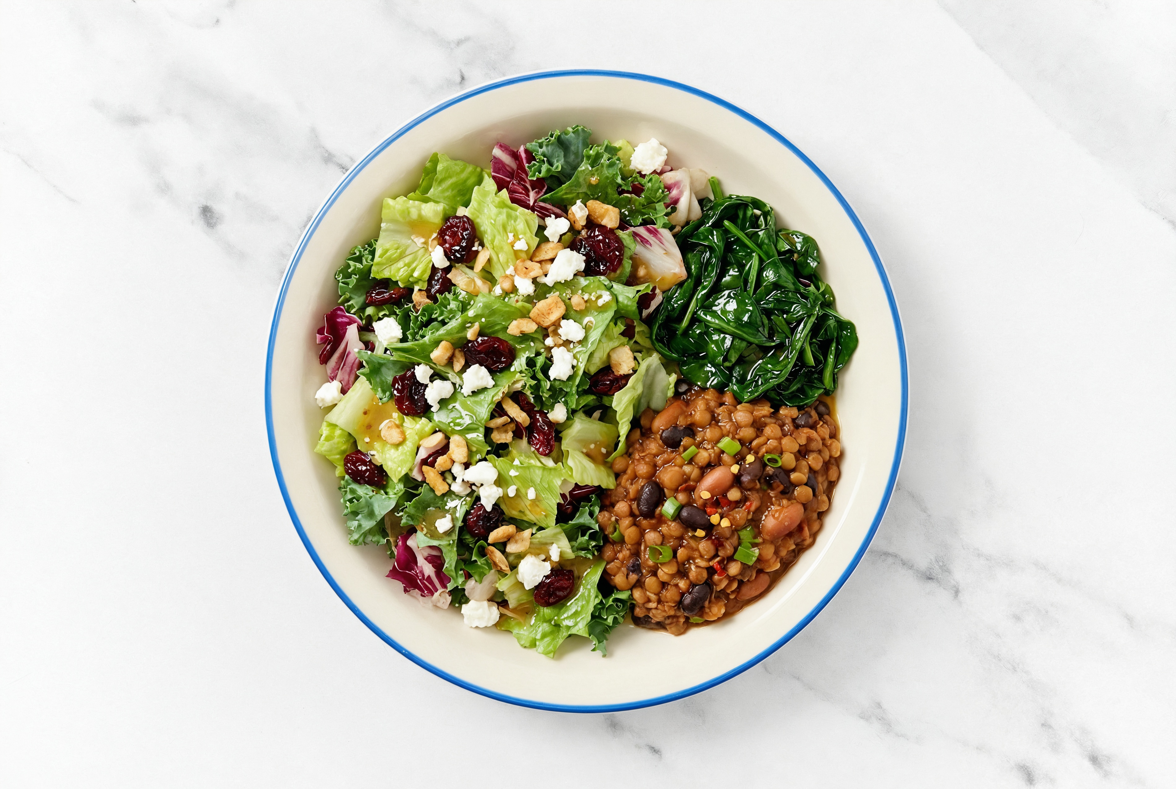 Homestyle Lentil Chili with Baby Spinach + Chopped Salad