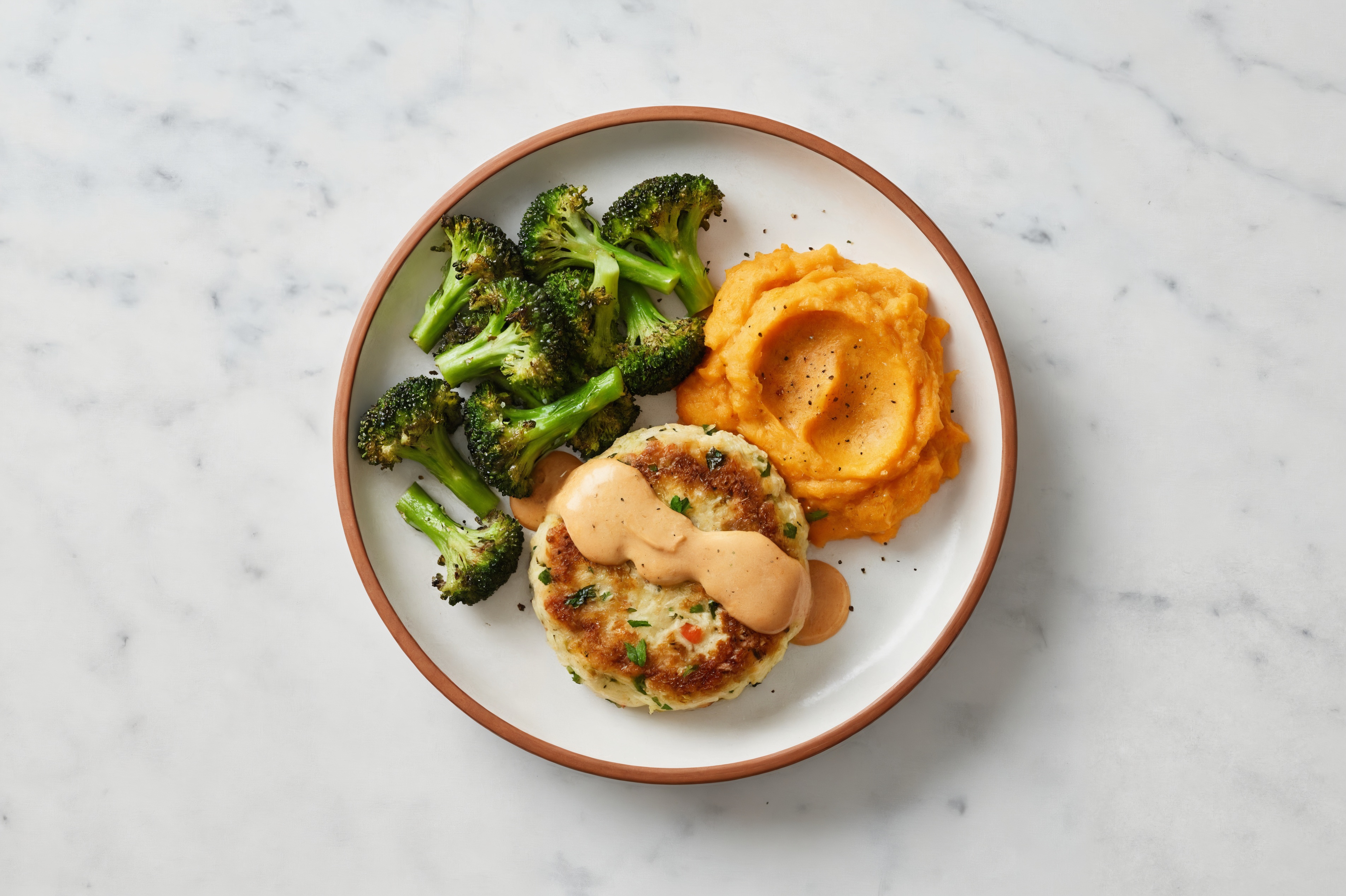 BBQ Snow Crab Cakes with Sweet Potato Mash