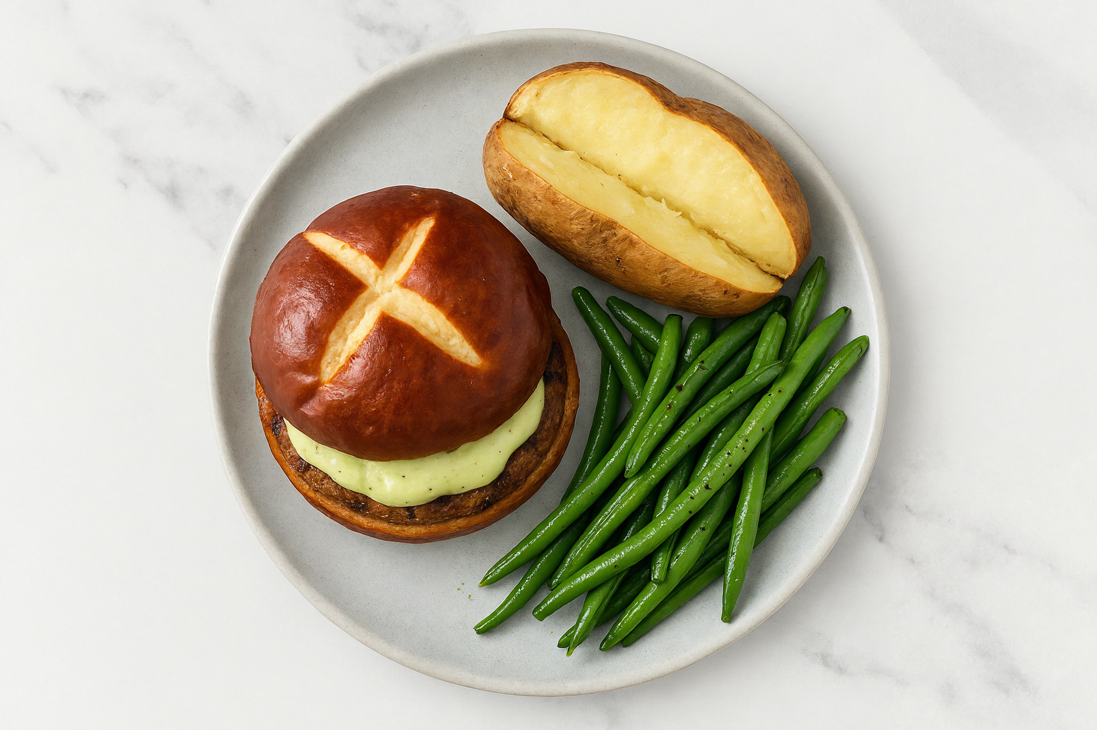 Jalapeño Black Bean Burger on Pretzel Bun with Green Beans