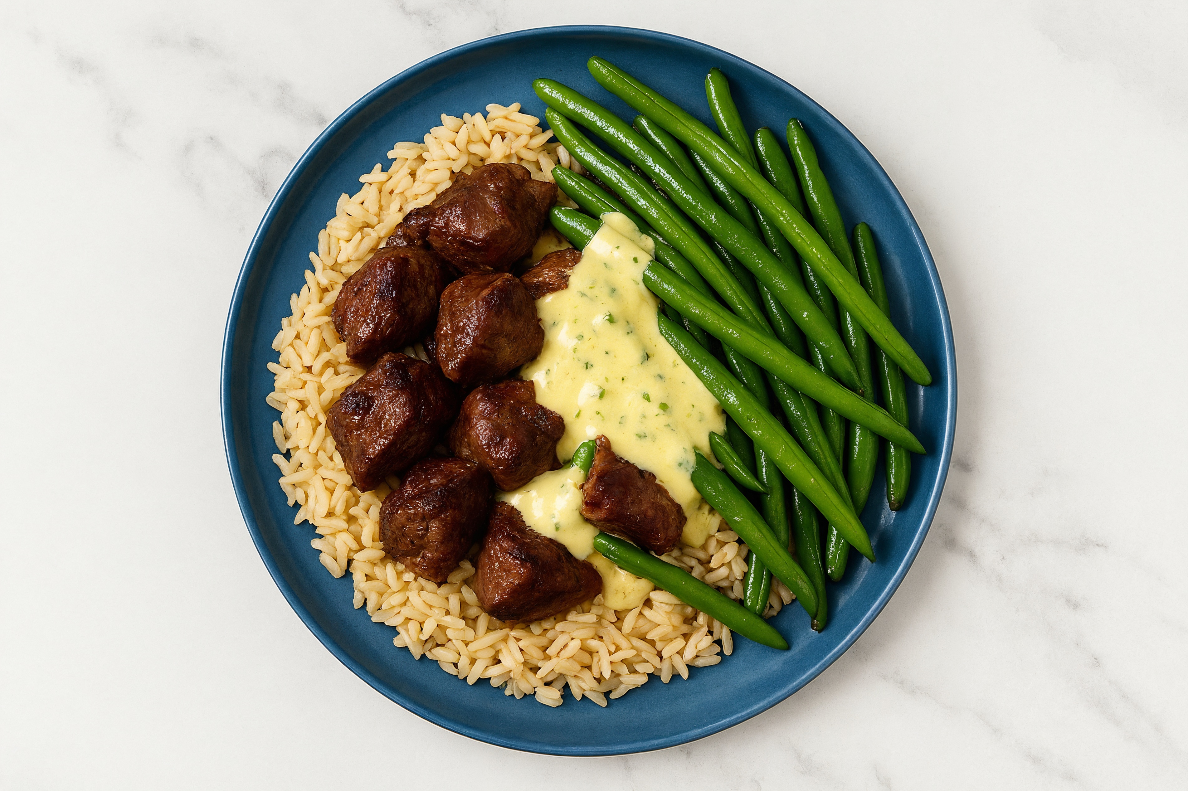 Creamy Herb Seared Lamb + Rice Bowl with Green Beans