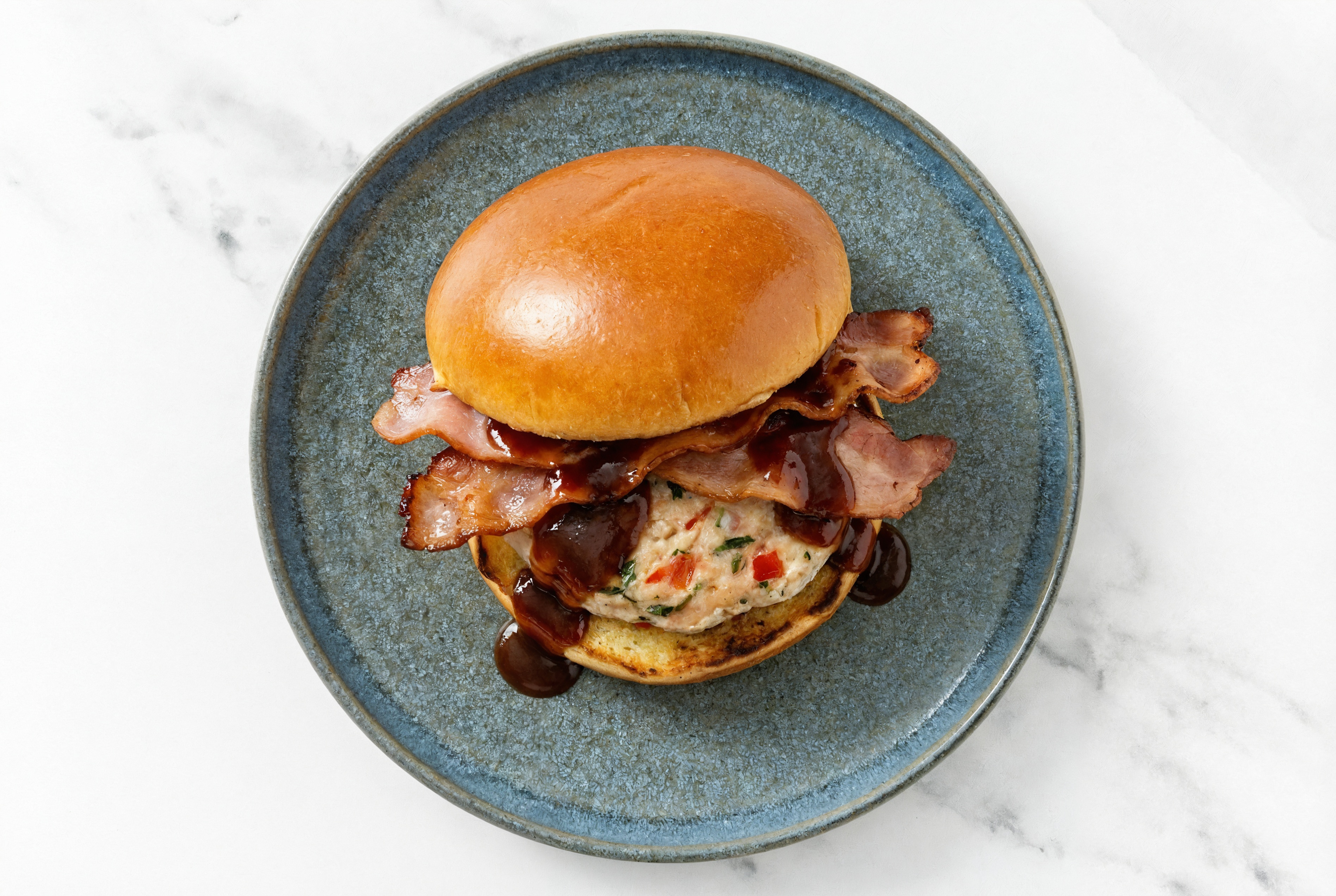  Garlic Chicken Burger Buns on Brioche with BBQ & Turkey Bacon