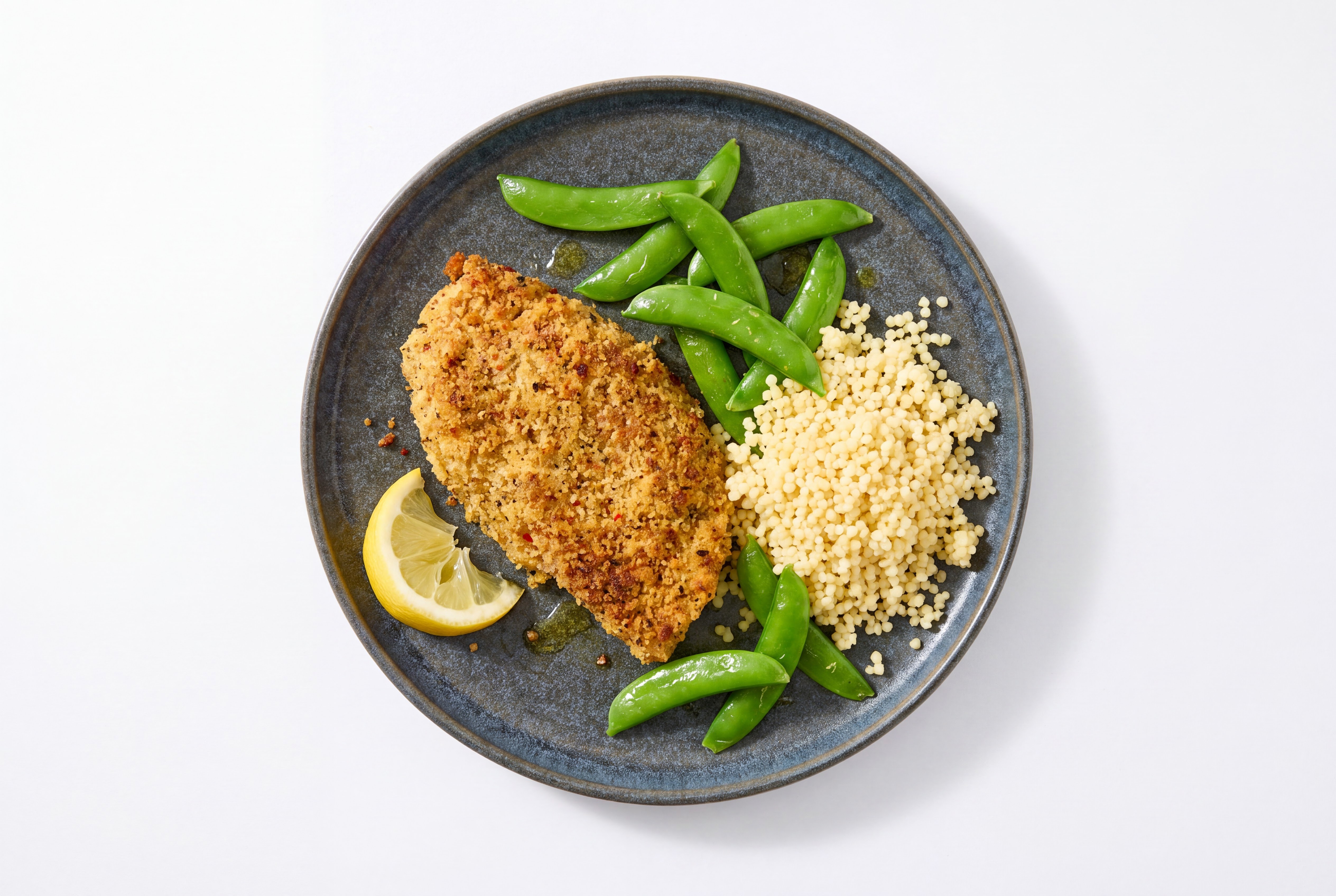 Lemon Parmesan Breaded Chicken Cutlet with Snap Peas & Couscous