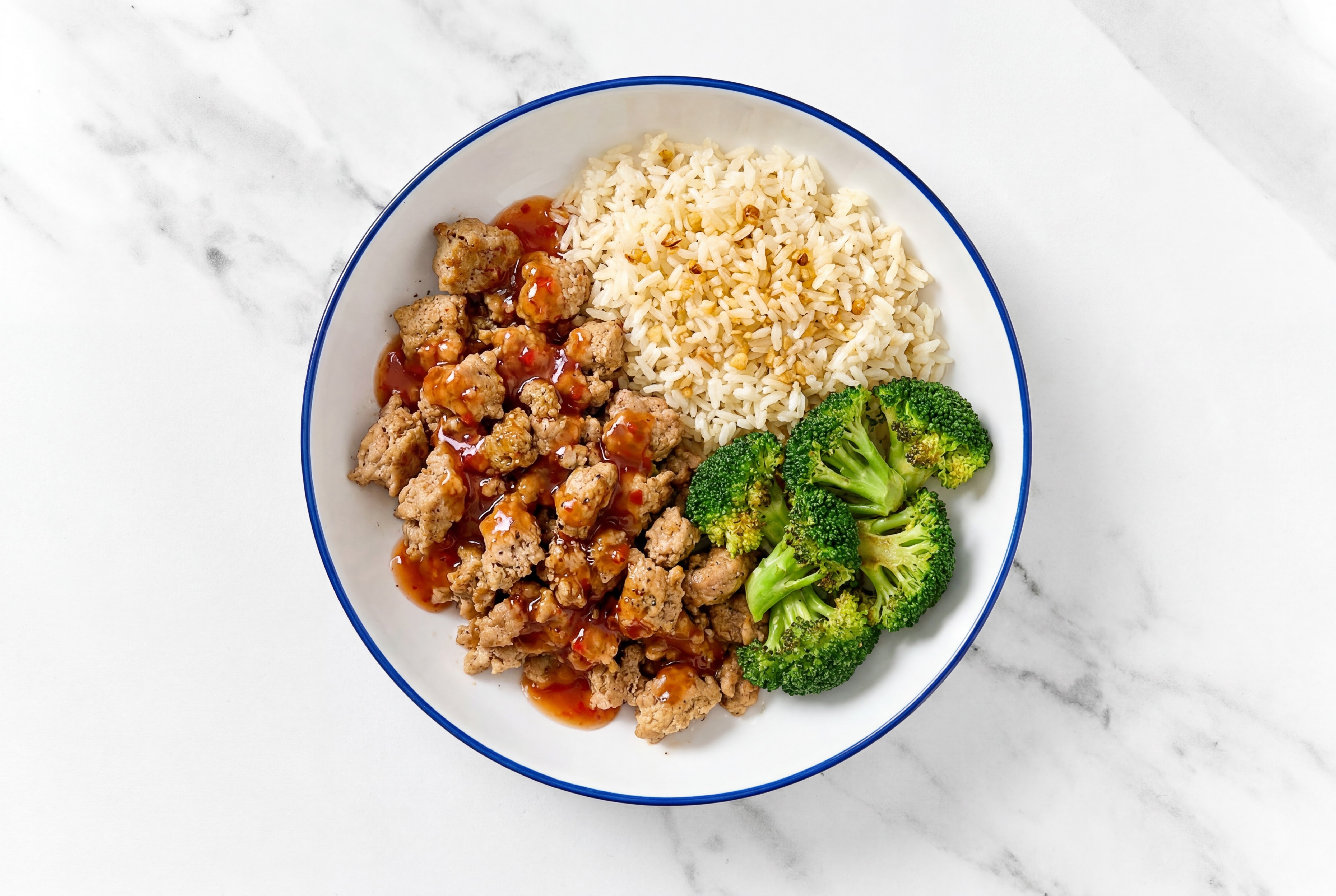Sweet Chili Turkey + Garlic Rice Bowl with Broccoli Florets