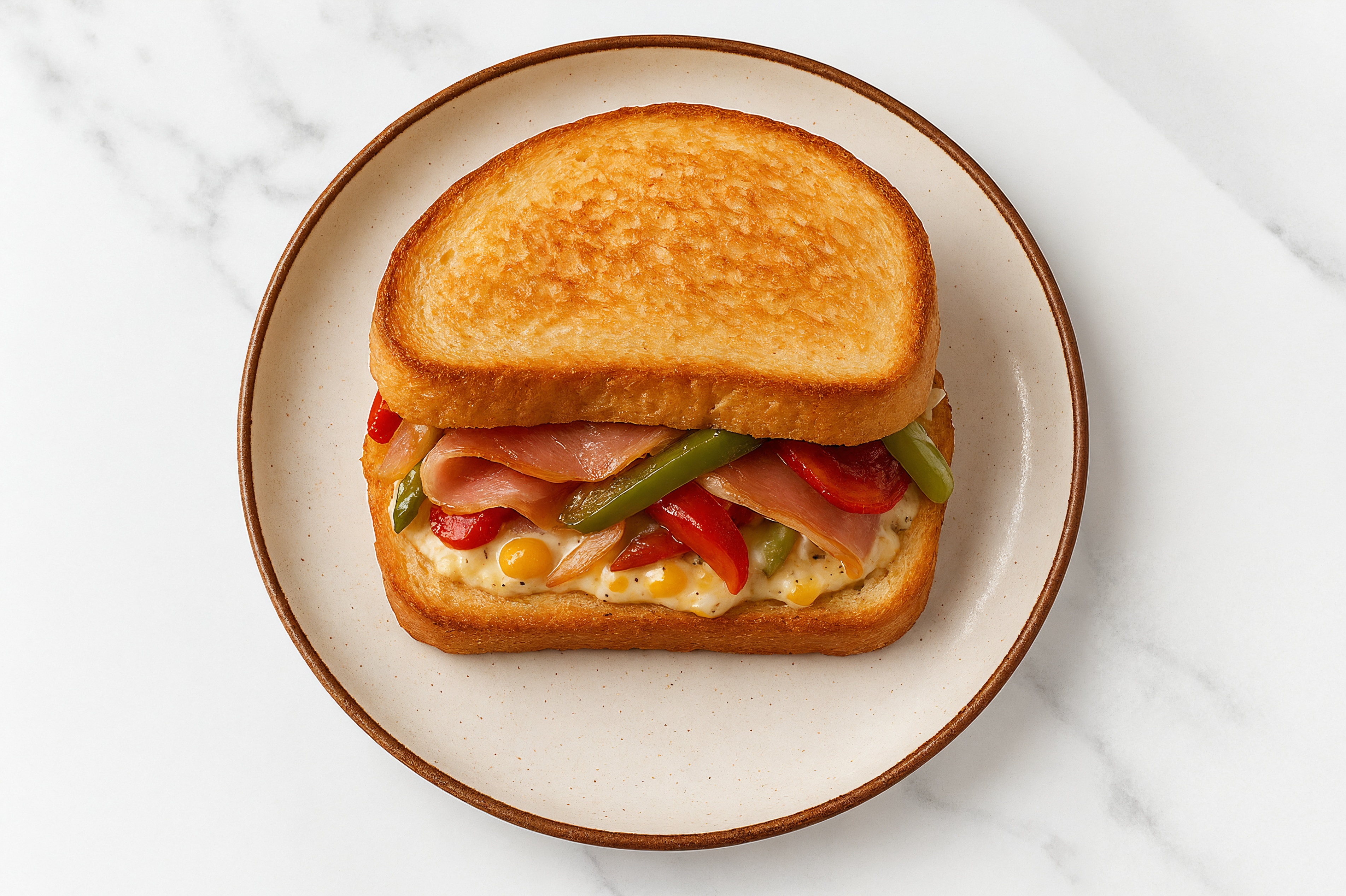Street Corn Prosciutto Sandwich with Peppers + Onion on Honey White Bread