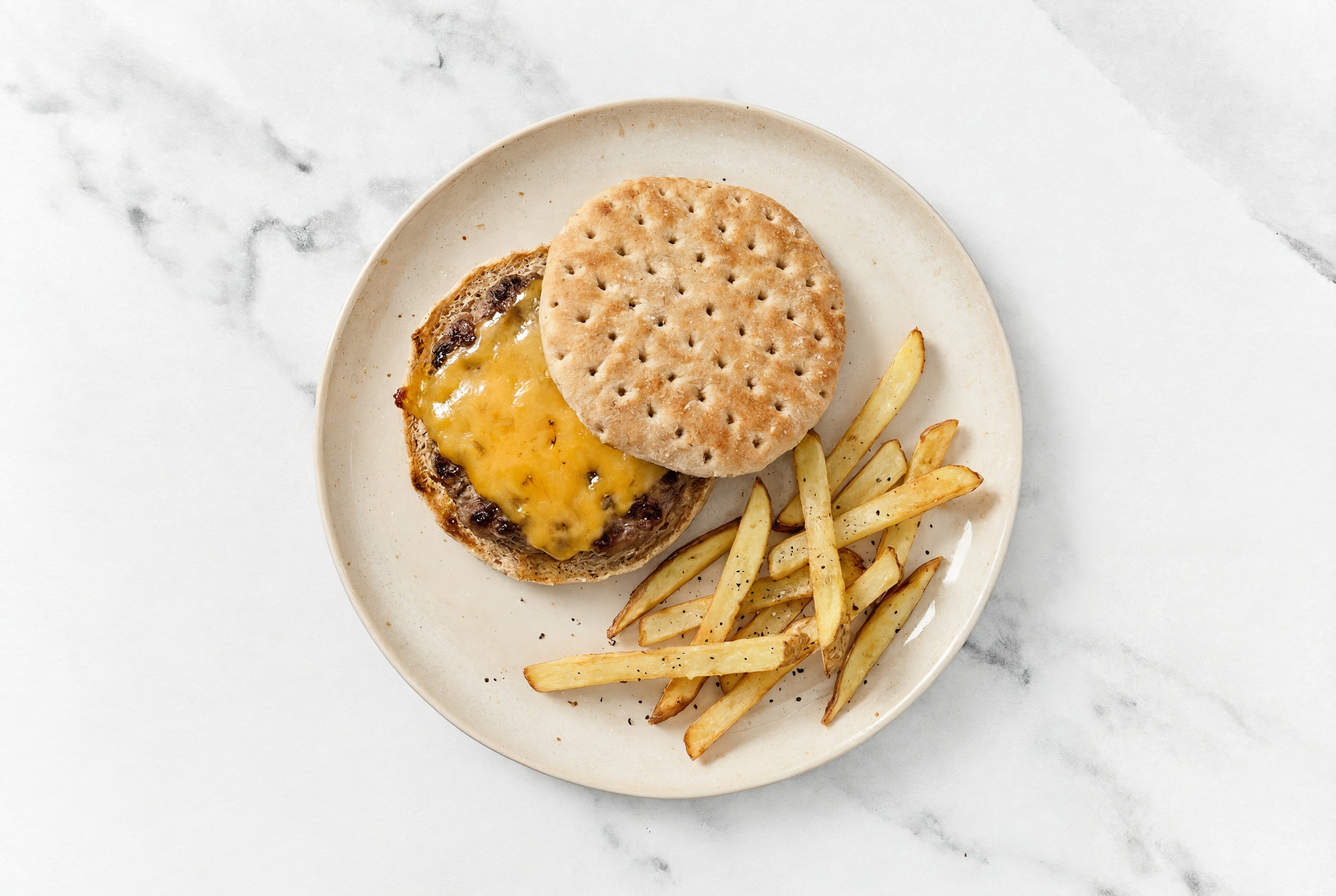 Herby Beef Cheeseburger + Fries with Shredded Sharp Cheddar Cheese