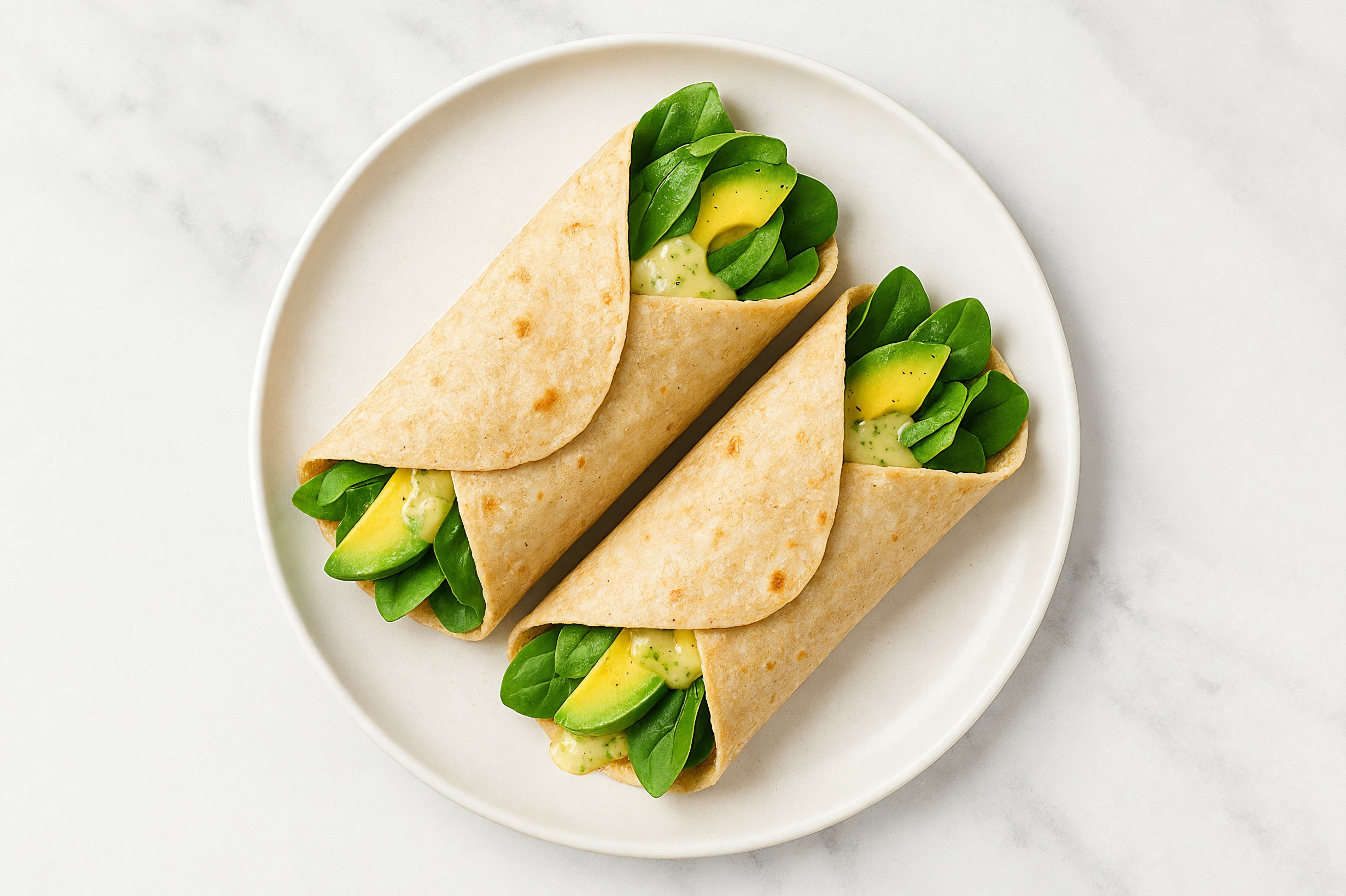 Herby Avocado + Vegan Cheddar Tortilla Wraps with Spinach