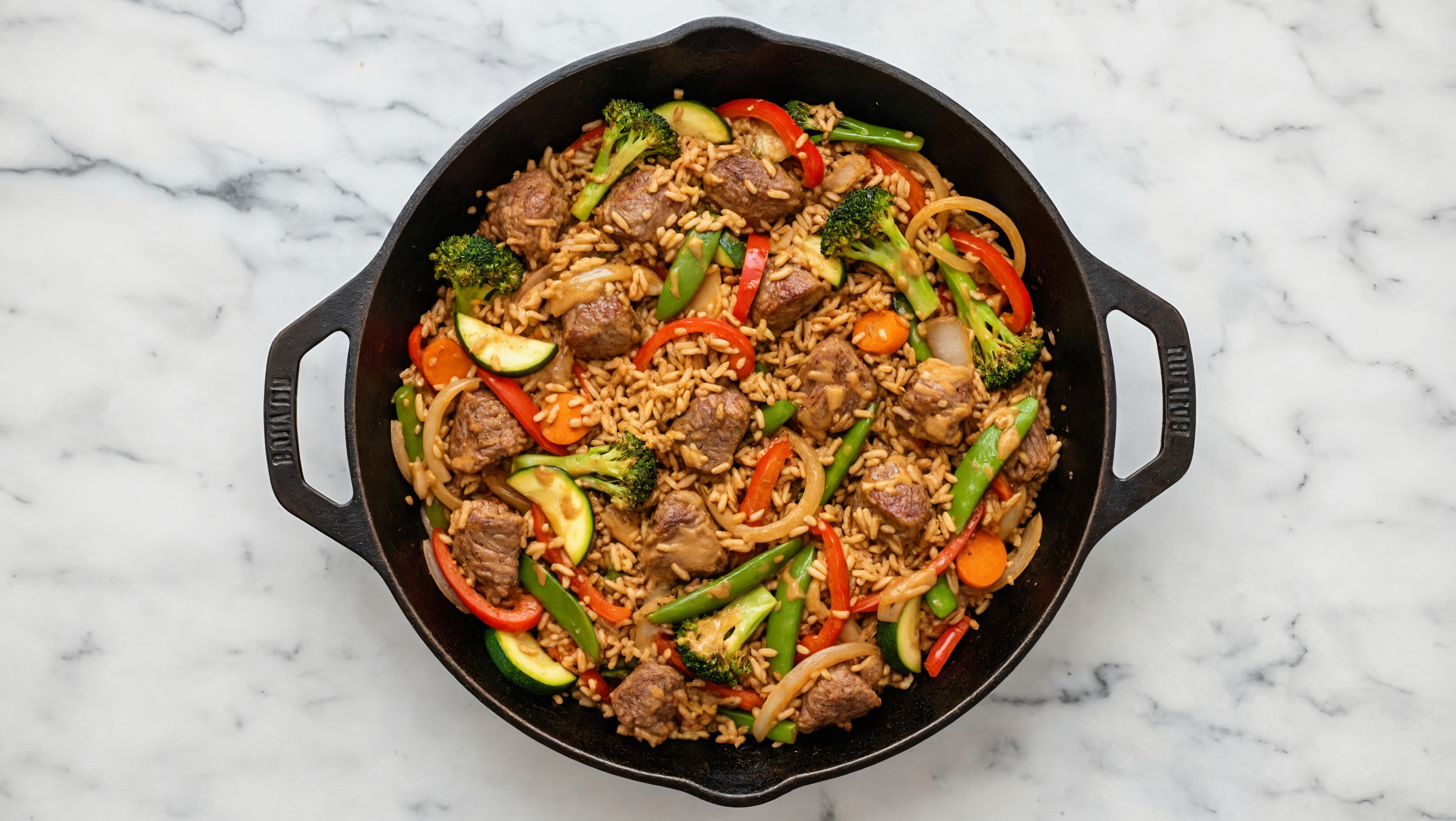 Thai Peanut Veggie + Lamb Stir-Fry with Brown Rice