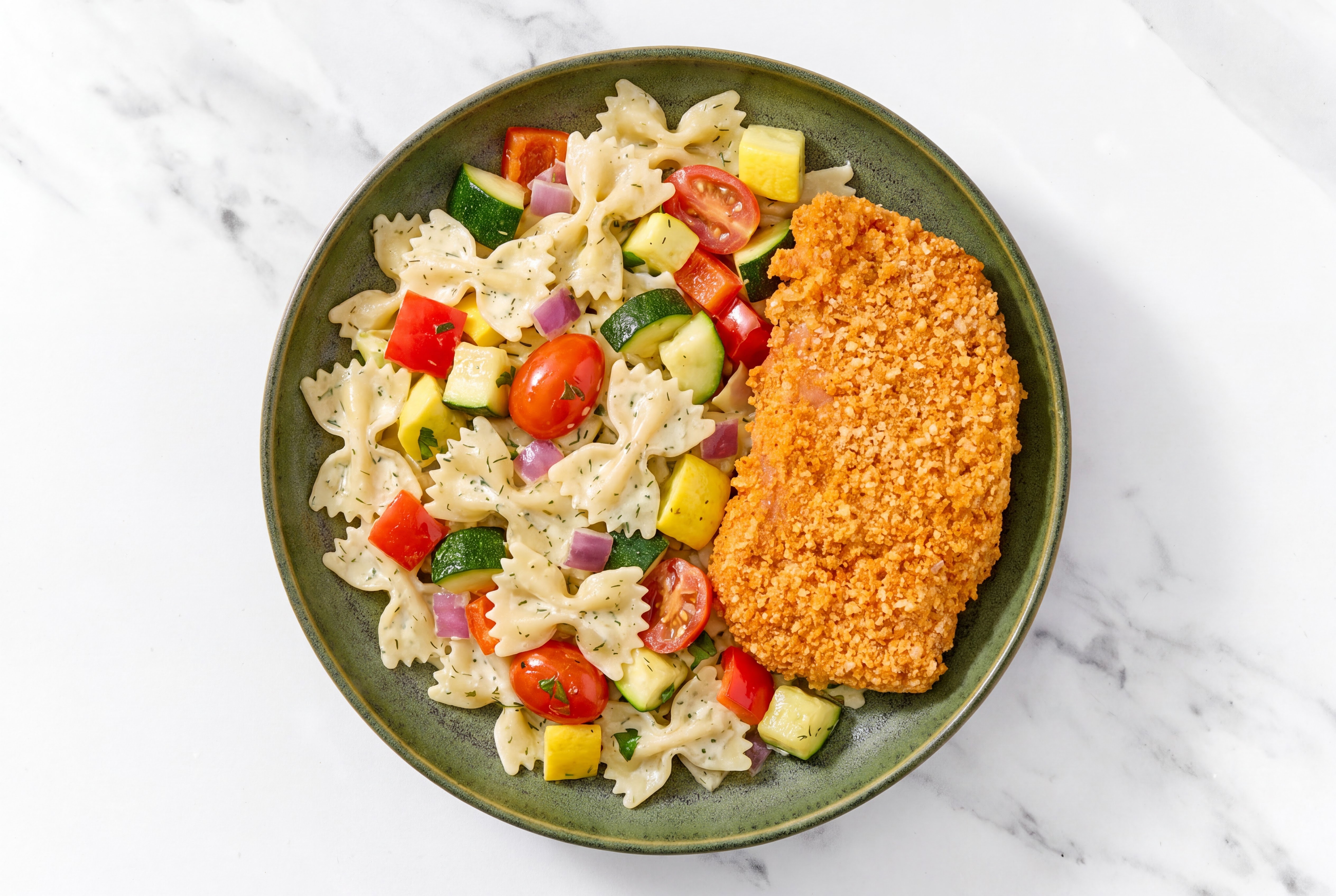 Crispy Hot Honey Chicken over Creamy Farfalle with Mixed Veggies