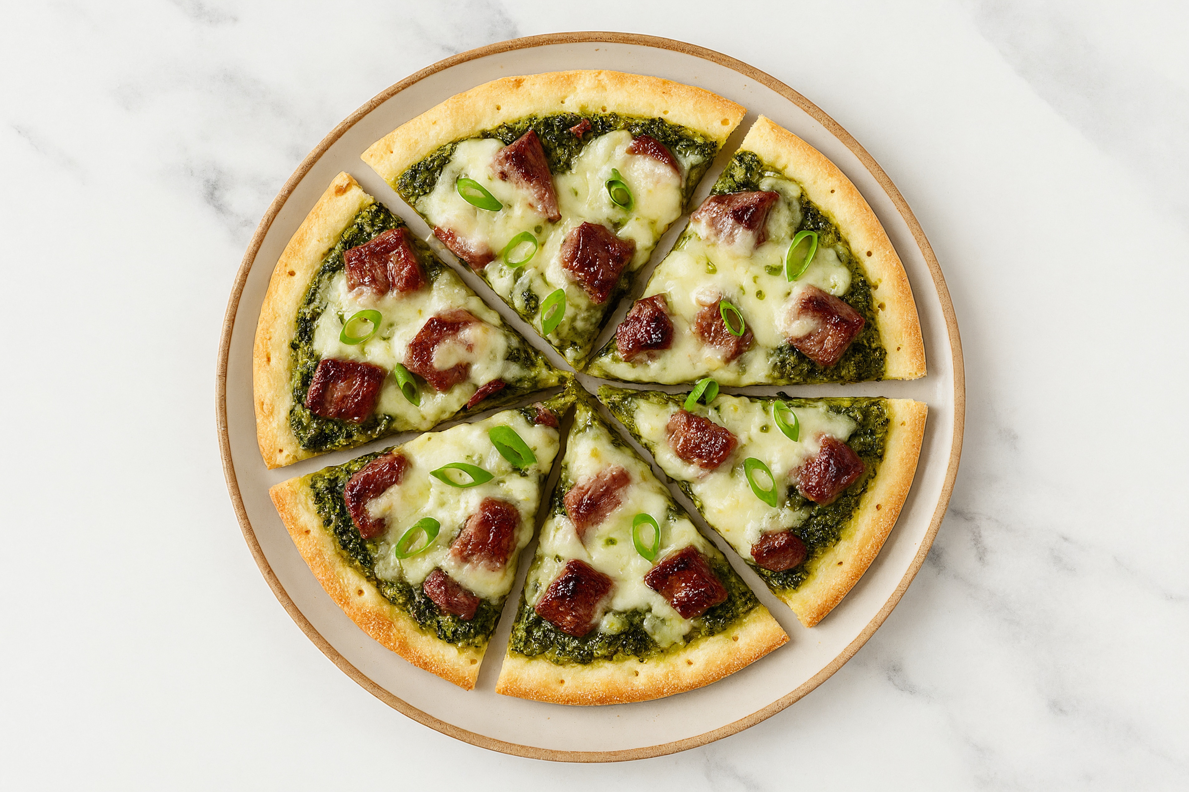 Super Green Wagyu Filet Pizza with "Mozzarella" + Fresh Scallions