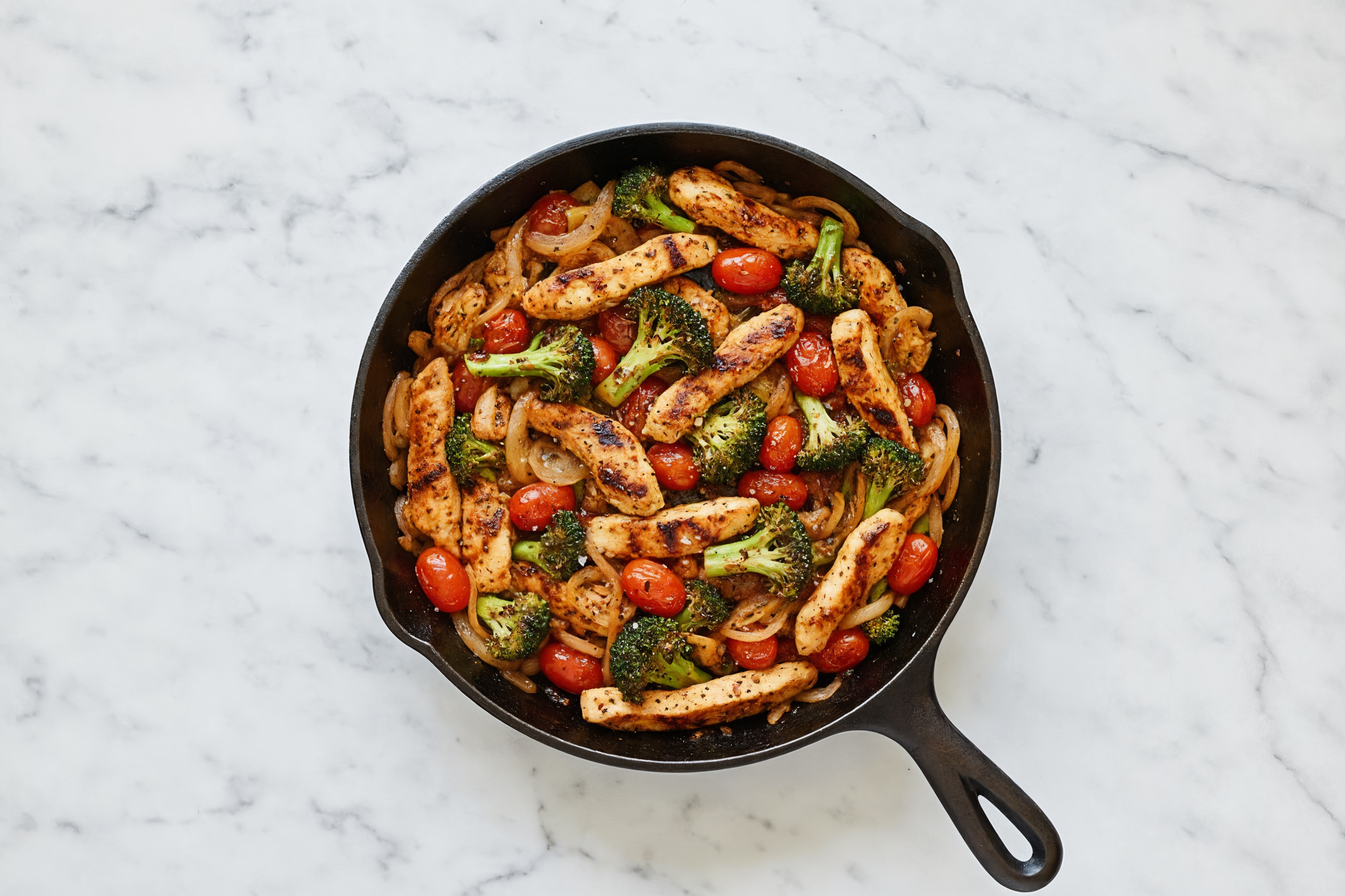 Seasoned Chicken with Broccoli + Onions, Tomatoes