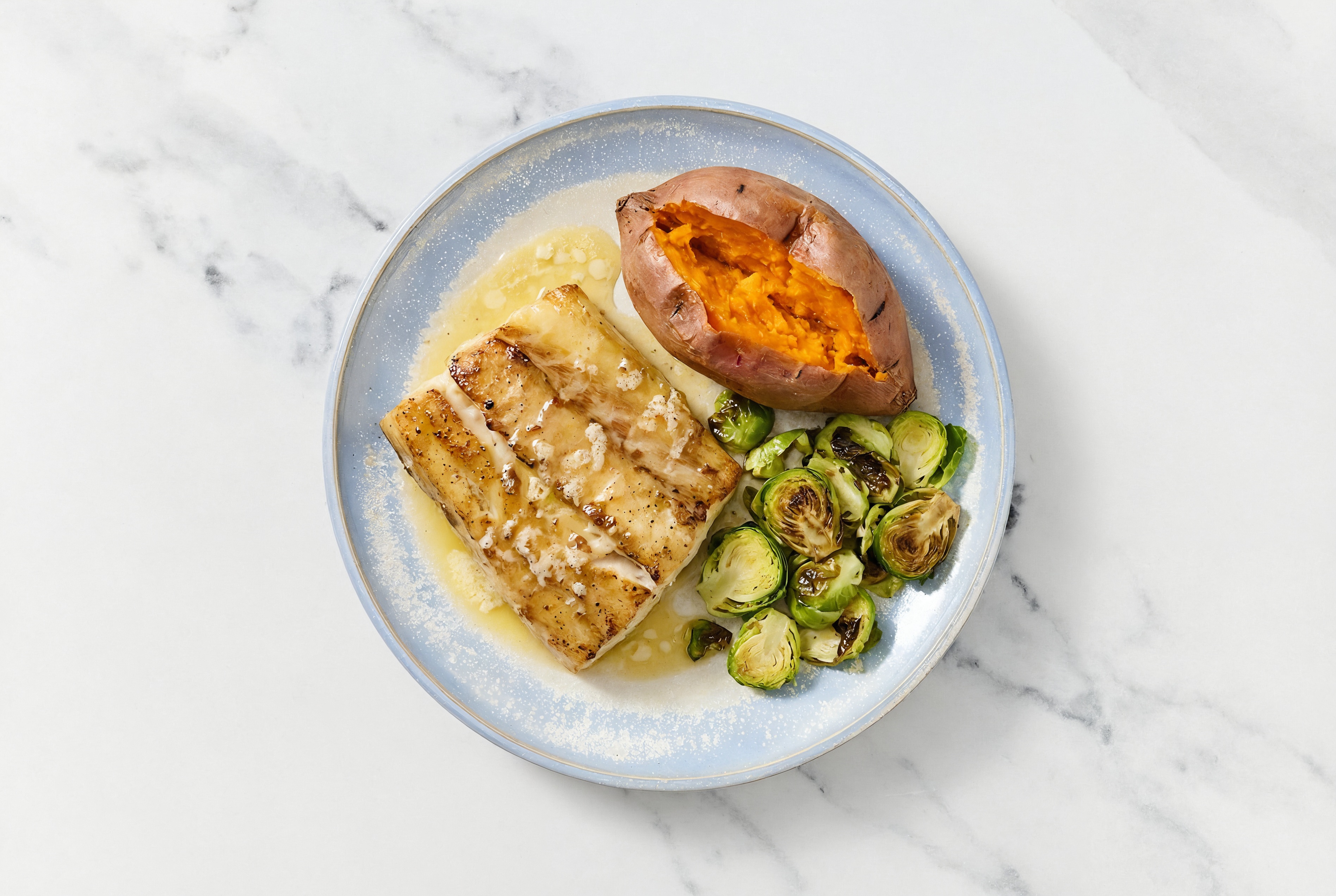 Lemon-Butter Barramundi with Sweet Potato & Brussels