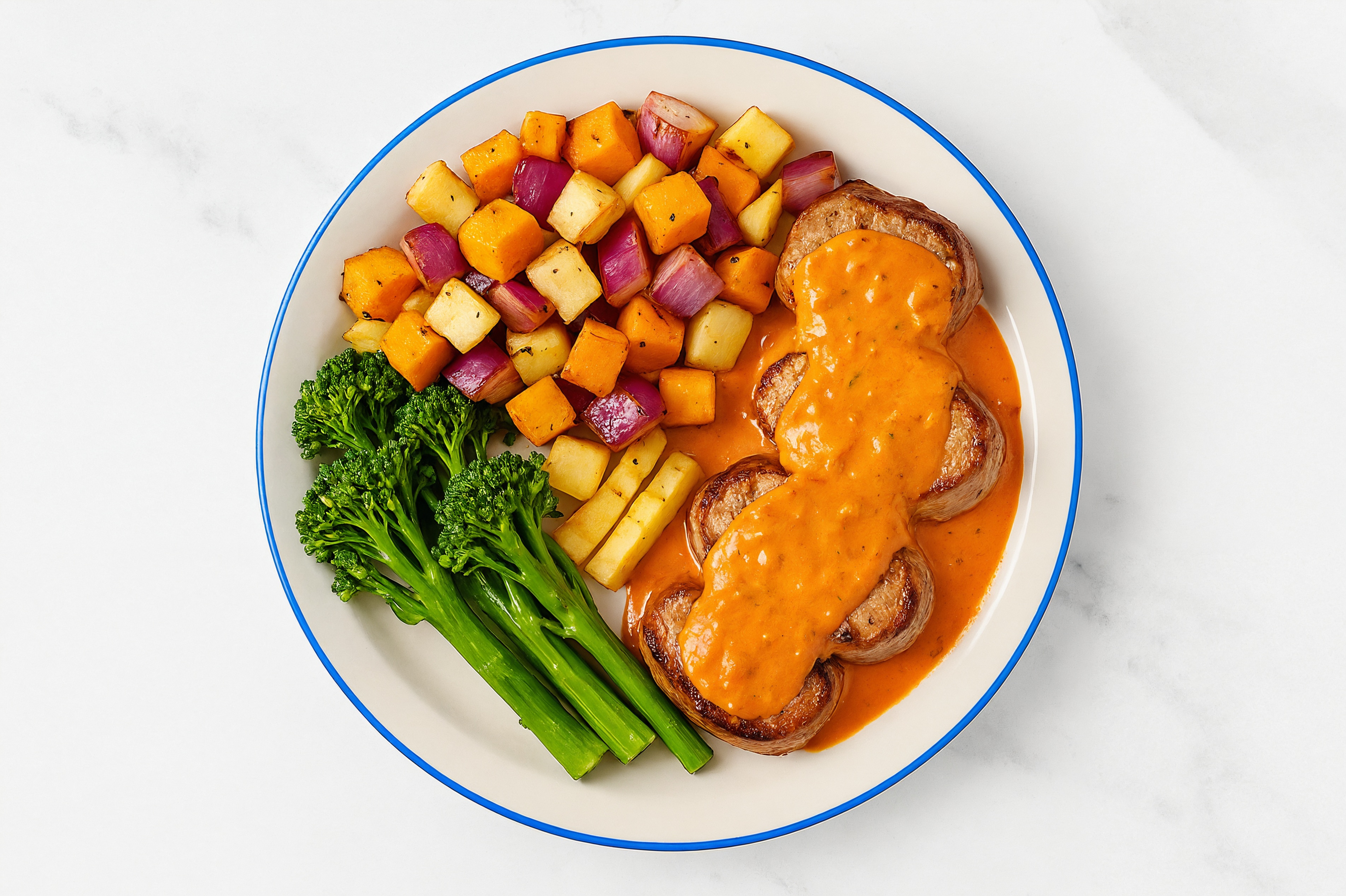 Creamy Vodka Smothered Pork Tenderloin with Baby Broccoli & Roasted Vegetables