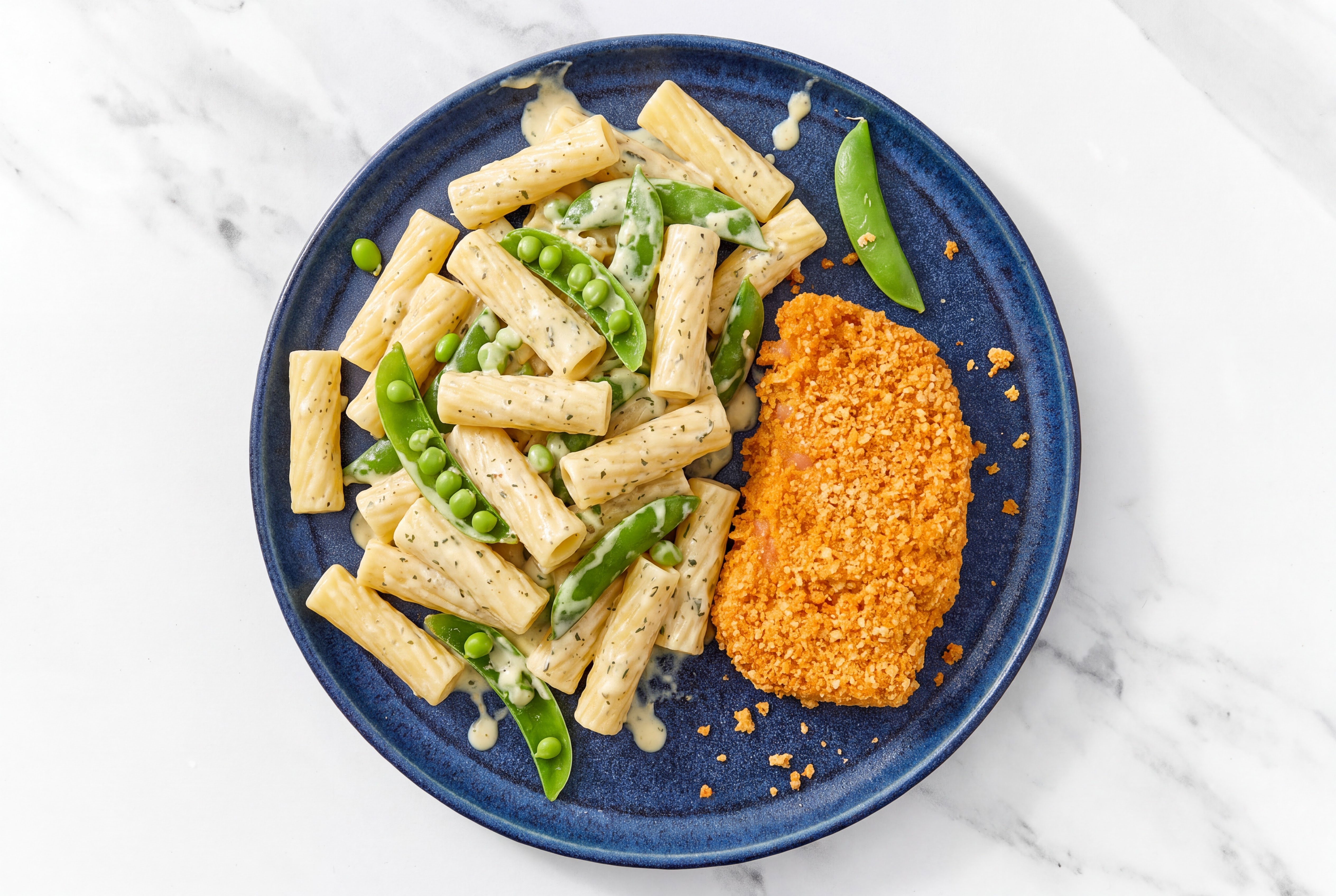 Crispy Hot Honey Chicken over Creamy Rigatoni with Snap Peas